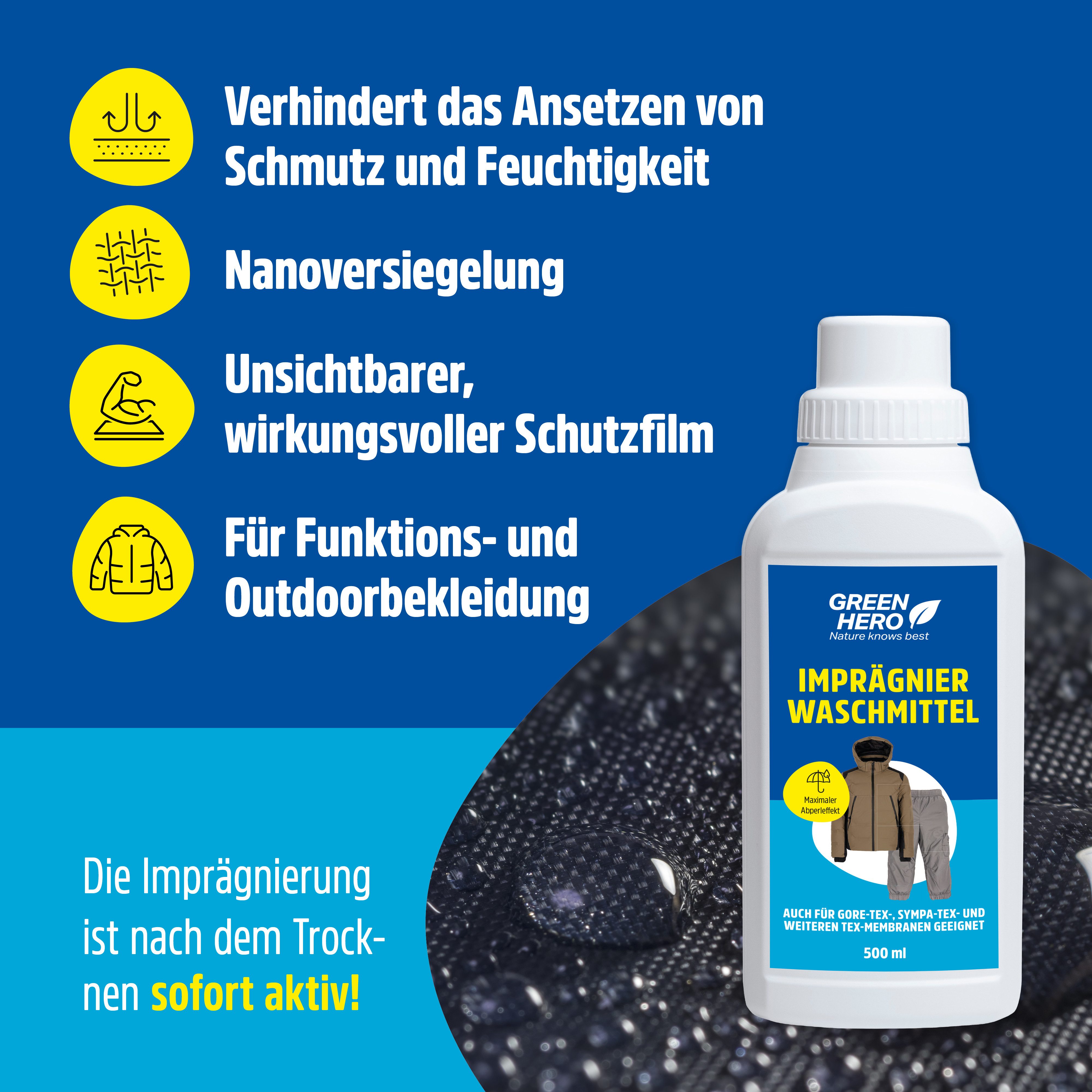 GreenHero Waschimprägnierung Imprägniermittel für Funktionstextilien Imprägnierspray, für Funktionstextilien und Outdoortextilien wie Gore-Tex Sympatex