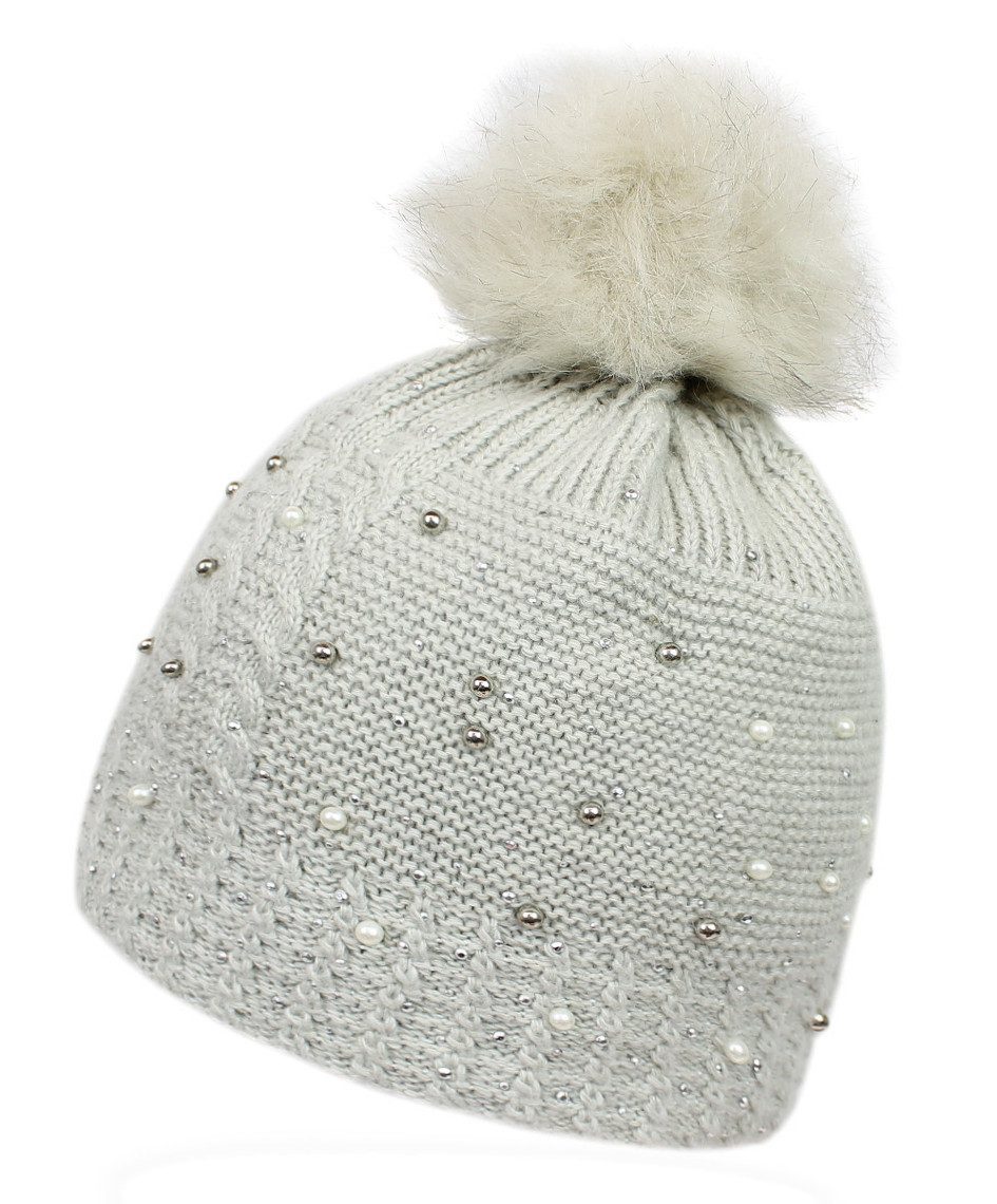 dy_mode Bommelmütze Damen Strickmütze mit Bommel, Glitzer & Kunstperlen warme Wintermütze mit Kunstperlen & Glitzer