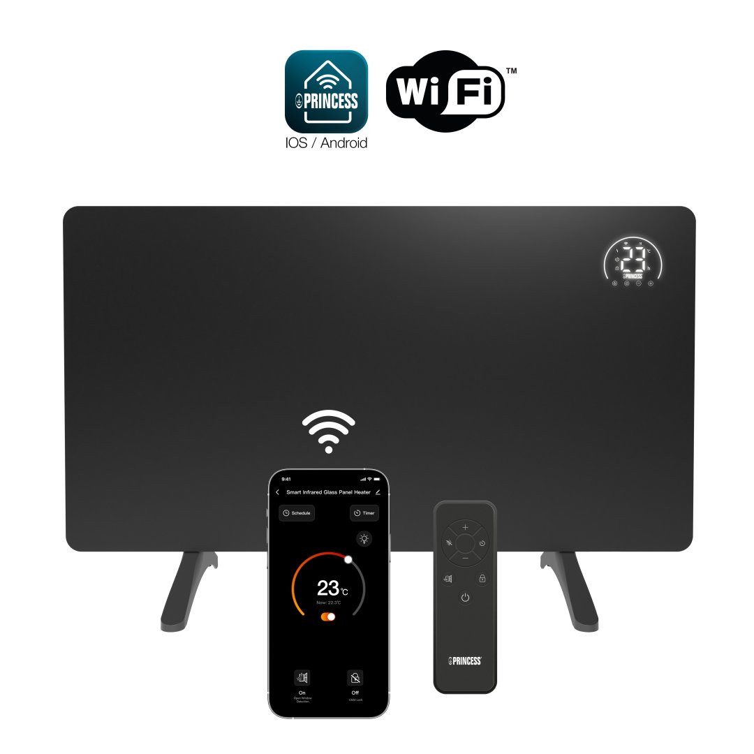 PRINCESS Infrarotheizung Princess 348485 Intelligente Infrarot-Glaspaneelheizung – App möglich, App-gesteuert - 480 W