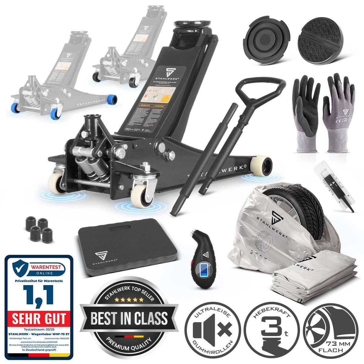 STAHLWERK Wagenheber Wagenheber WR 3t 73 bis 500 mm Reifendruckprüfer Handschuhe Kniekissen, Einzelgerät, 1-tlg.