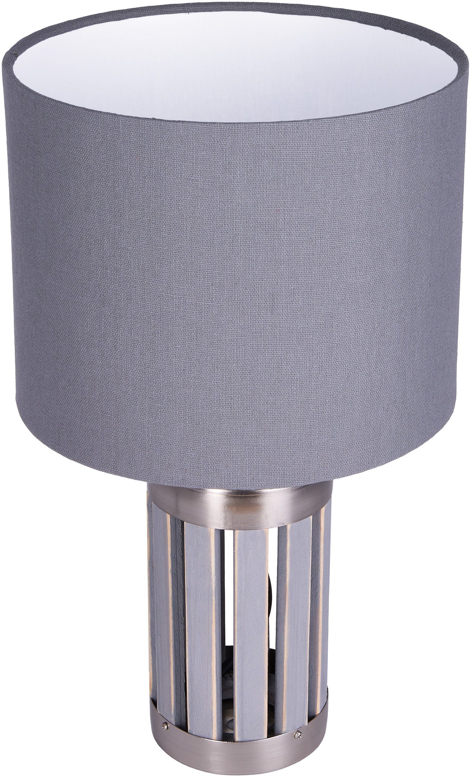 Nachttischlampe Ohne Grau aus Holz, Leuchtmittel, Holz/Metall Tischlampe, Fuß BRUBAKER Tischleuchte
