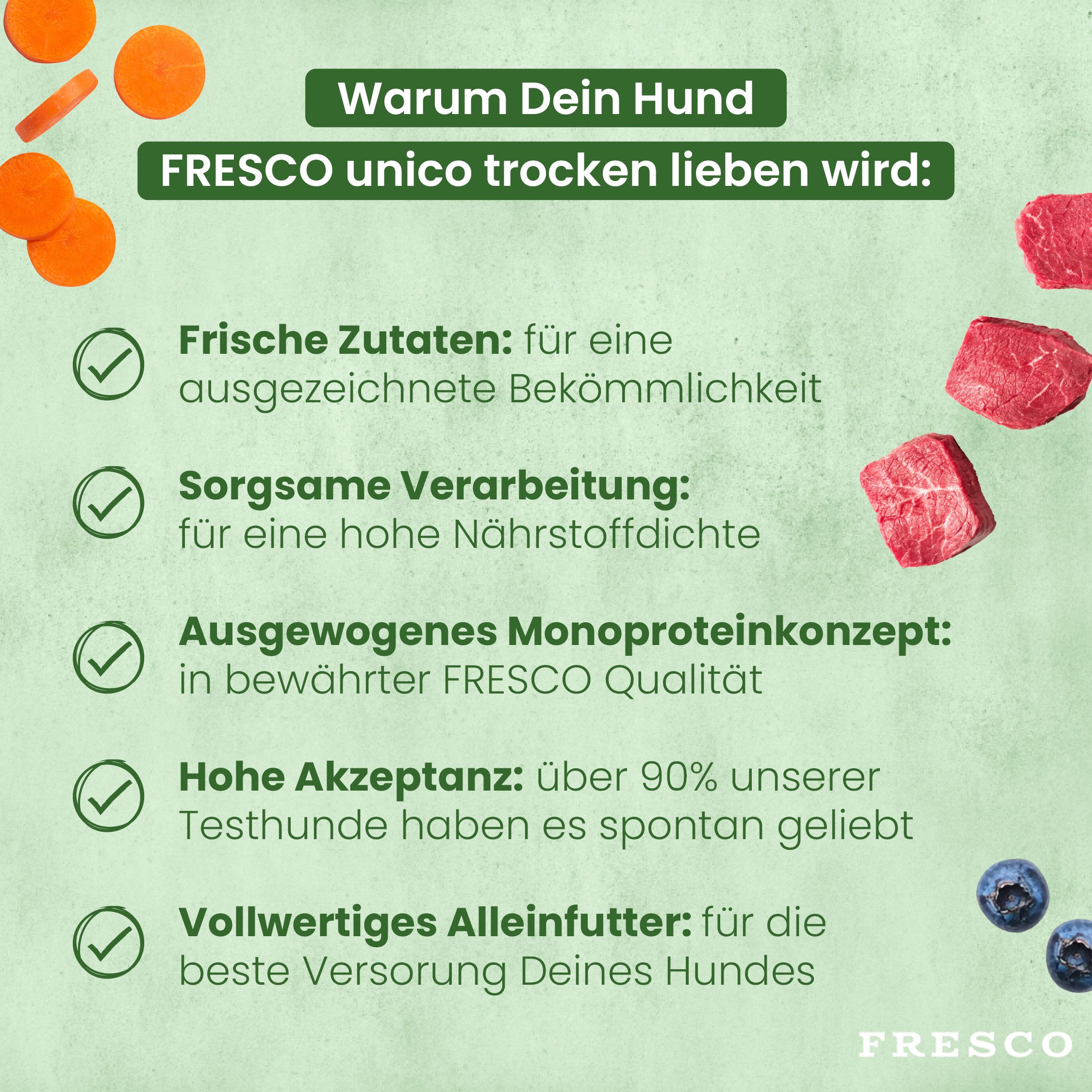 Fresco Dog unico Adult Rind, Premium Hundefutter trocken getreidefrei, Trockenfutter für: Hunde, 67% Frischfleisch, zuckerfrei & hochverträglich