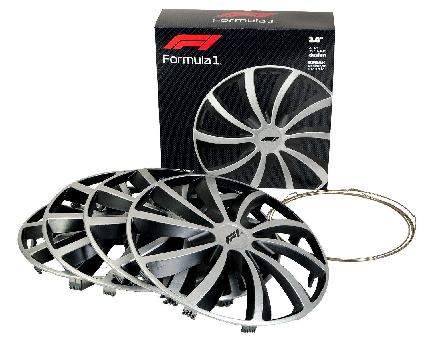 Formula 1 Wheel Trim Set 14 inch WC141 Silver/Black, 14 in inch, (Set, 4-pcs) Design 4x Wheel Trim Covers Two-tone Universal R14 14"