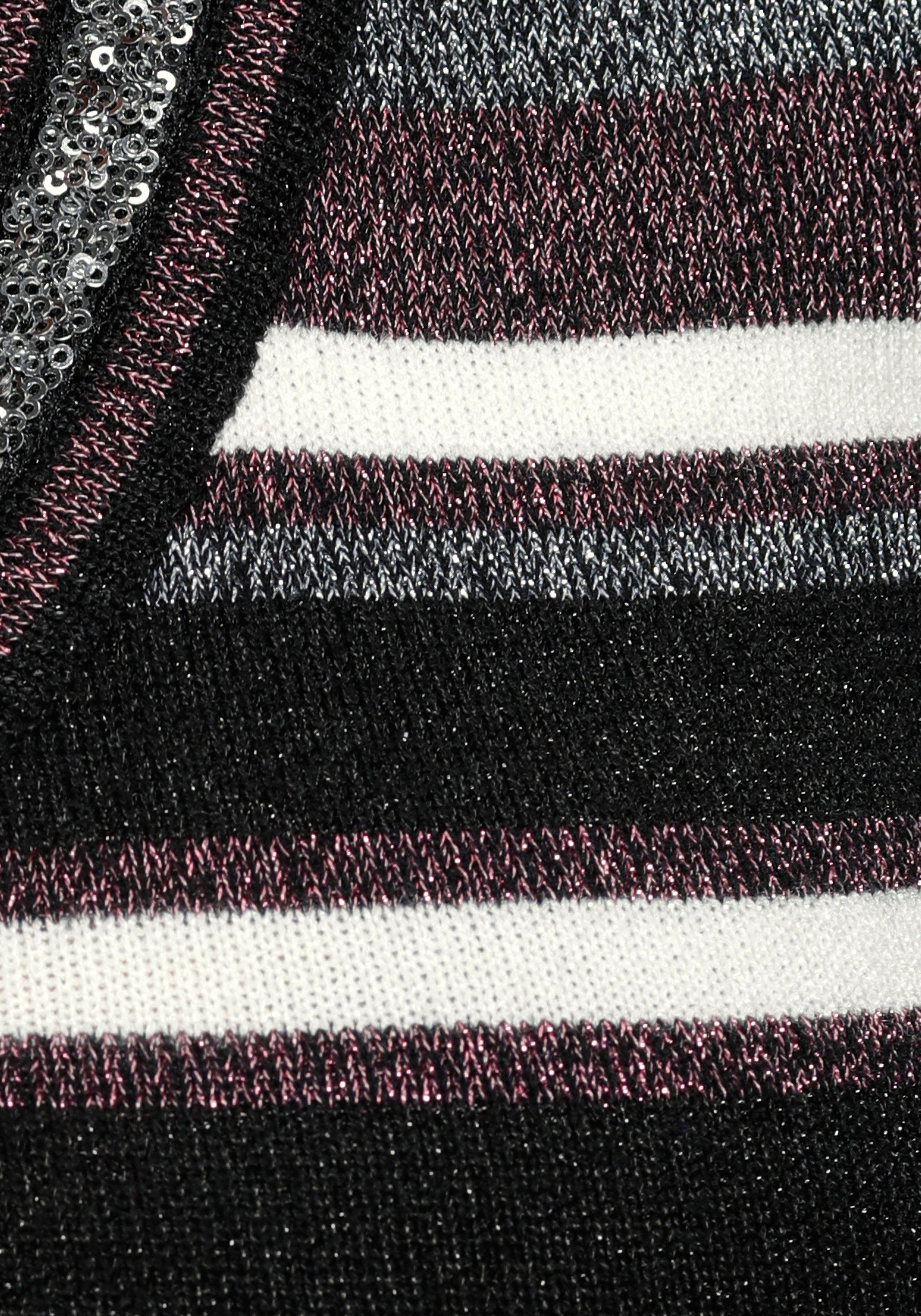 weichem Melrose mit und schwarz-pink Glitzergarn V-Ausschnitt-Pullover Pailletten-Details