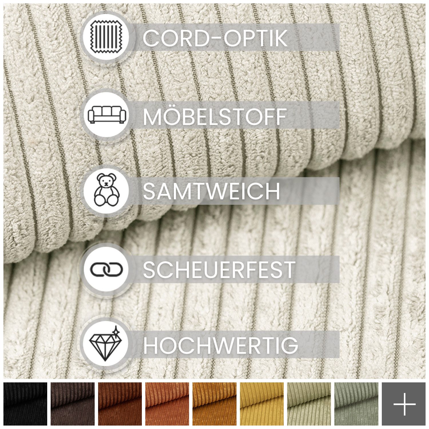 novely® Stoff PORTO - Polsterstoff in Breitcord-Optik - Ultraweicher Möbelstoff, Samtige Haptik, Reißfest, Fusselfrei, Robust, Meterware, 1lfm