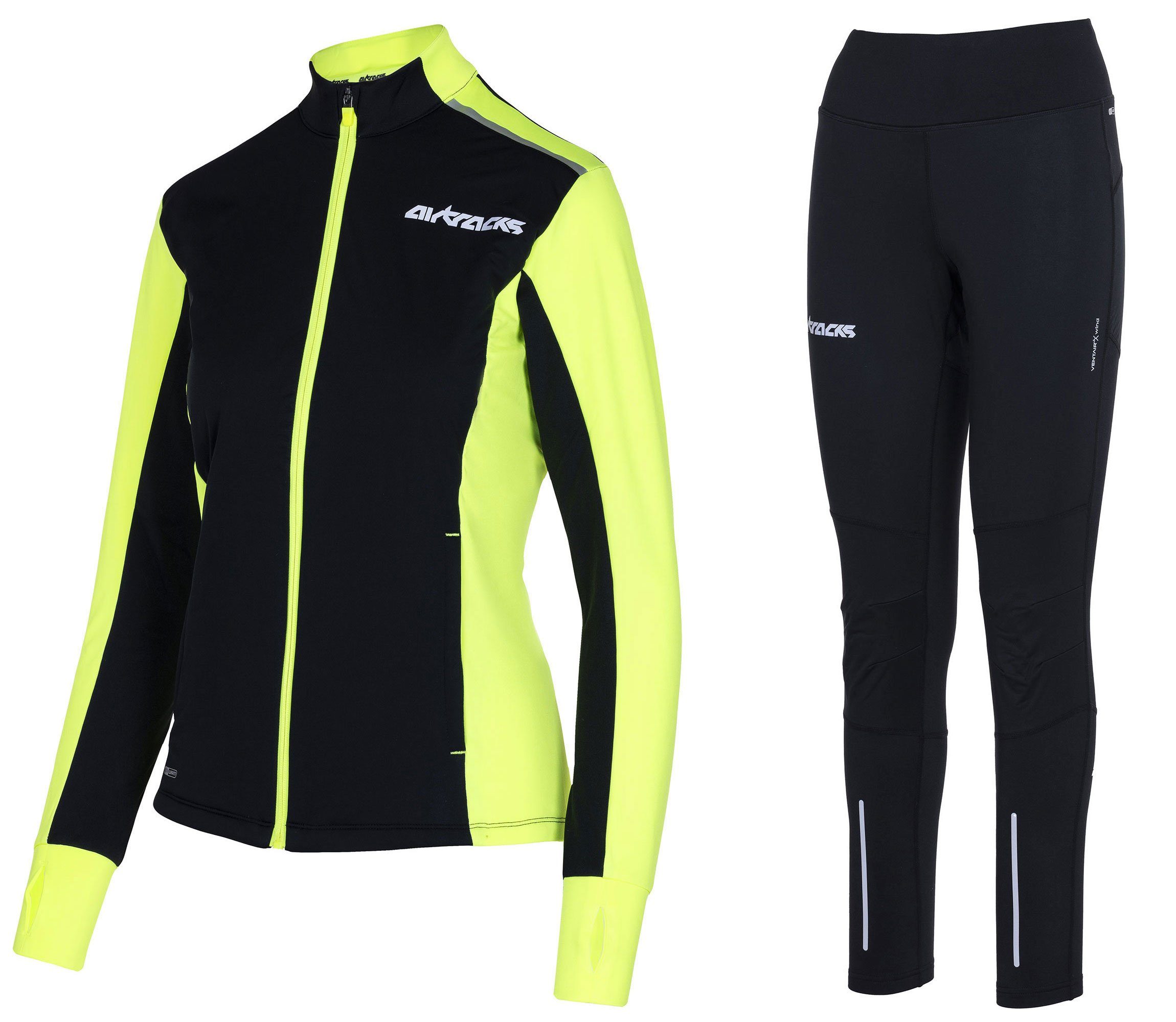 Airtracks Lauftights Winter Damen Laufset Pro Line: Laufshirt + Hose Lang (Laufbekleidung mit warme Thermoqualität, Laufset 2 -tlg) bei kaltem Wetter Herbst - Winter » S M L Xl XXL XXXL «