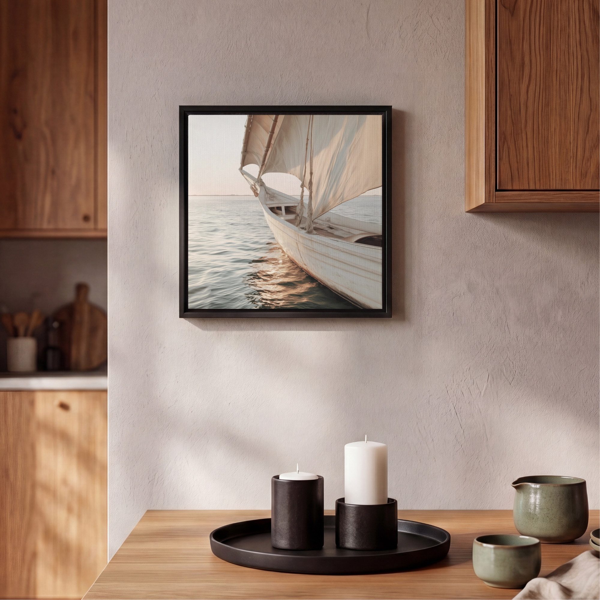 OneMillionCanvasses® Leinwandbild mit Rahmen - Segelboot - Meer - Beige - Sonne, Fotodruck (1 St), Leinwand Bilder Klein, Wand Dekoration Aesthetic 20x20cm – Bild 2 von 5