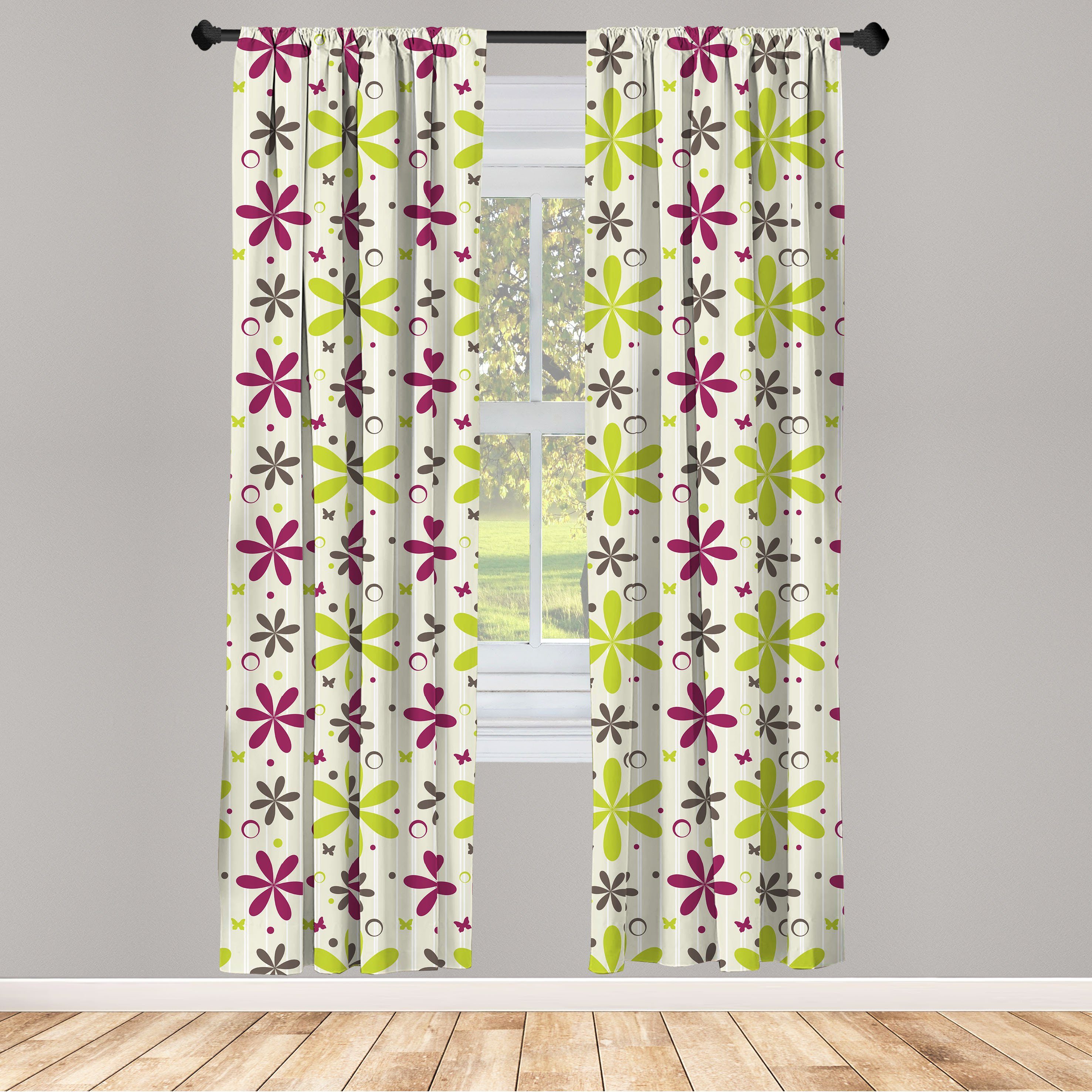 Gardine Vorhang für Wohnzimmer Schlafzimmer Dekor, Abakuhaus, Microfaser, Blumen Röschen Kreis-Band