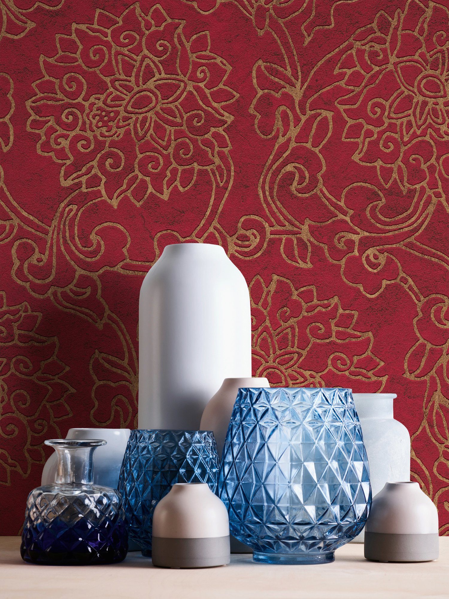 Création blutrot/gold A.S. Ornament ornamental, gemustert, aufgeschäumt, Vliestapete Asian Japanisch Tapete Fusion,