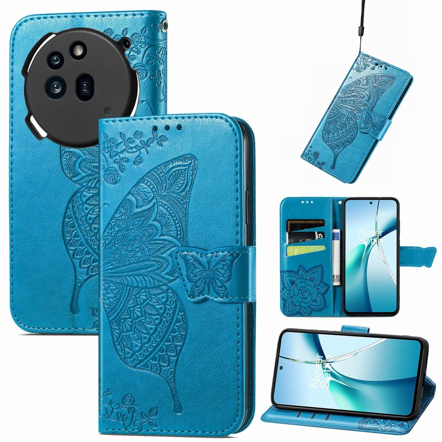 Wigento Smartphone-Hülle Für Nothing Phone 3a Pro Kunstleder Schmetterling Tasche Hülle Blau, Kunst-Leder Schutzhülle Smart Case Cover magnetischer Verschluss