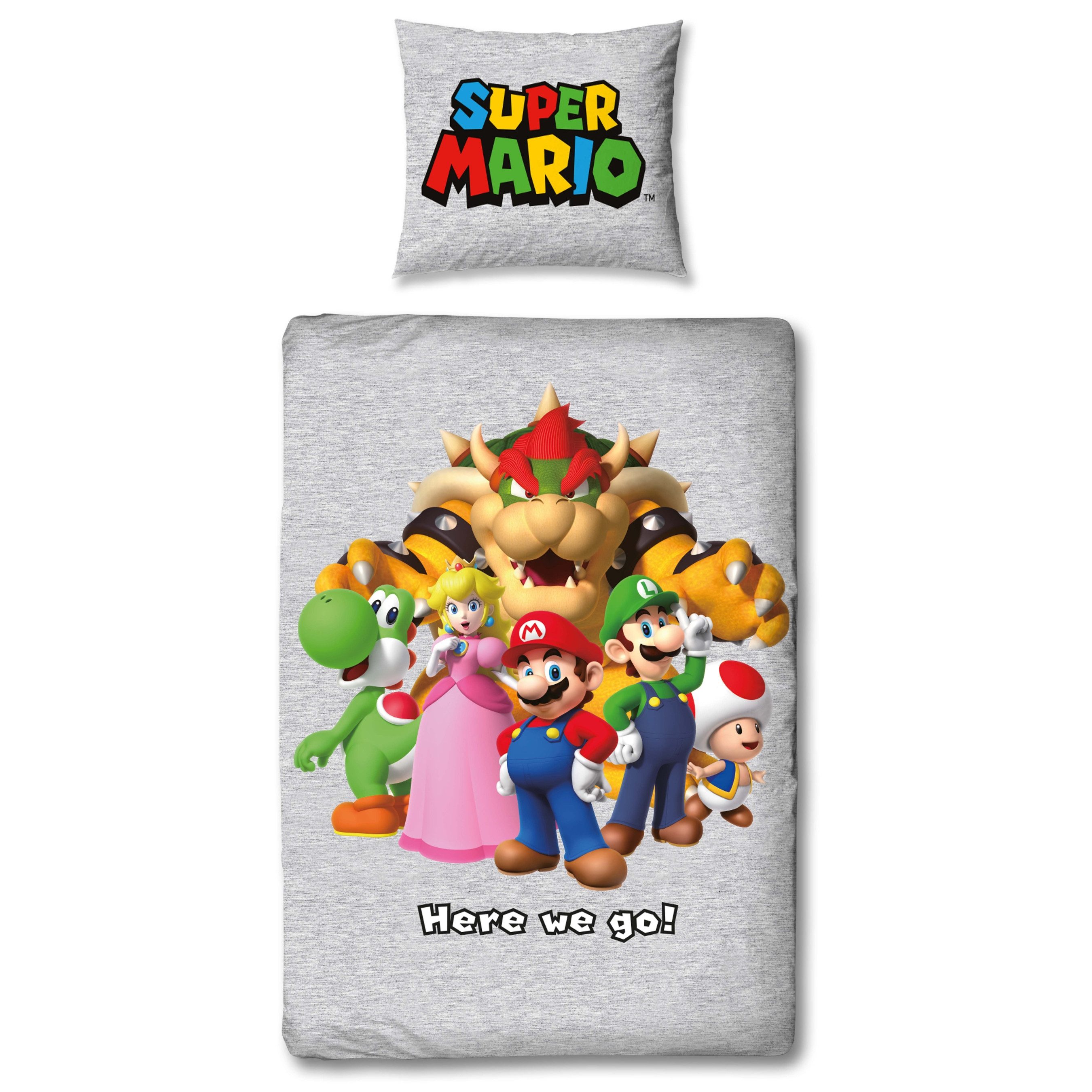 MTOnlinehandel Kinderbettwäsche Nintendo Super Mario in 135x200 + 80x80 cm, Geschenk für Gamer, Microfaser, 2 teilig, Wendebettwäsche für Mädchen und Jungen, Gaming