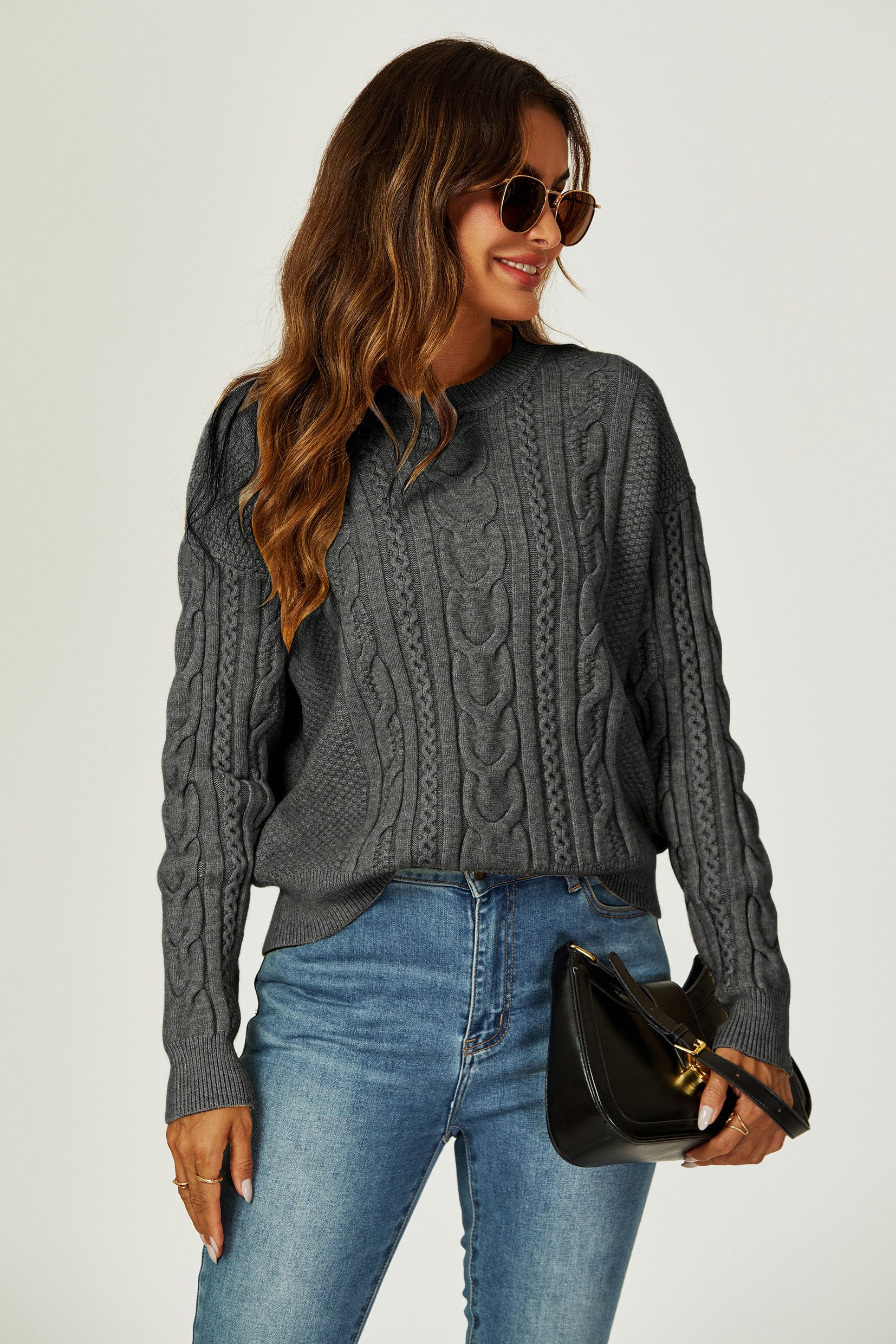 FS Collection Strickpullover Damen Strickpullover Rundhalspullover -Zopfmuster Rundhalsausschnitt (Einheitsgröße: UK 8–16 / EU 36–44, 4 Farben : Schwarz, Dunkelgrau, Rosa und Taupe) 18 % Wolle, 56 % Viskose und 26 % Polyester