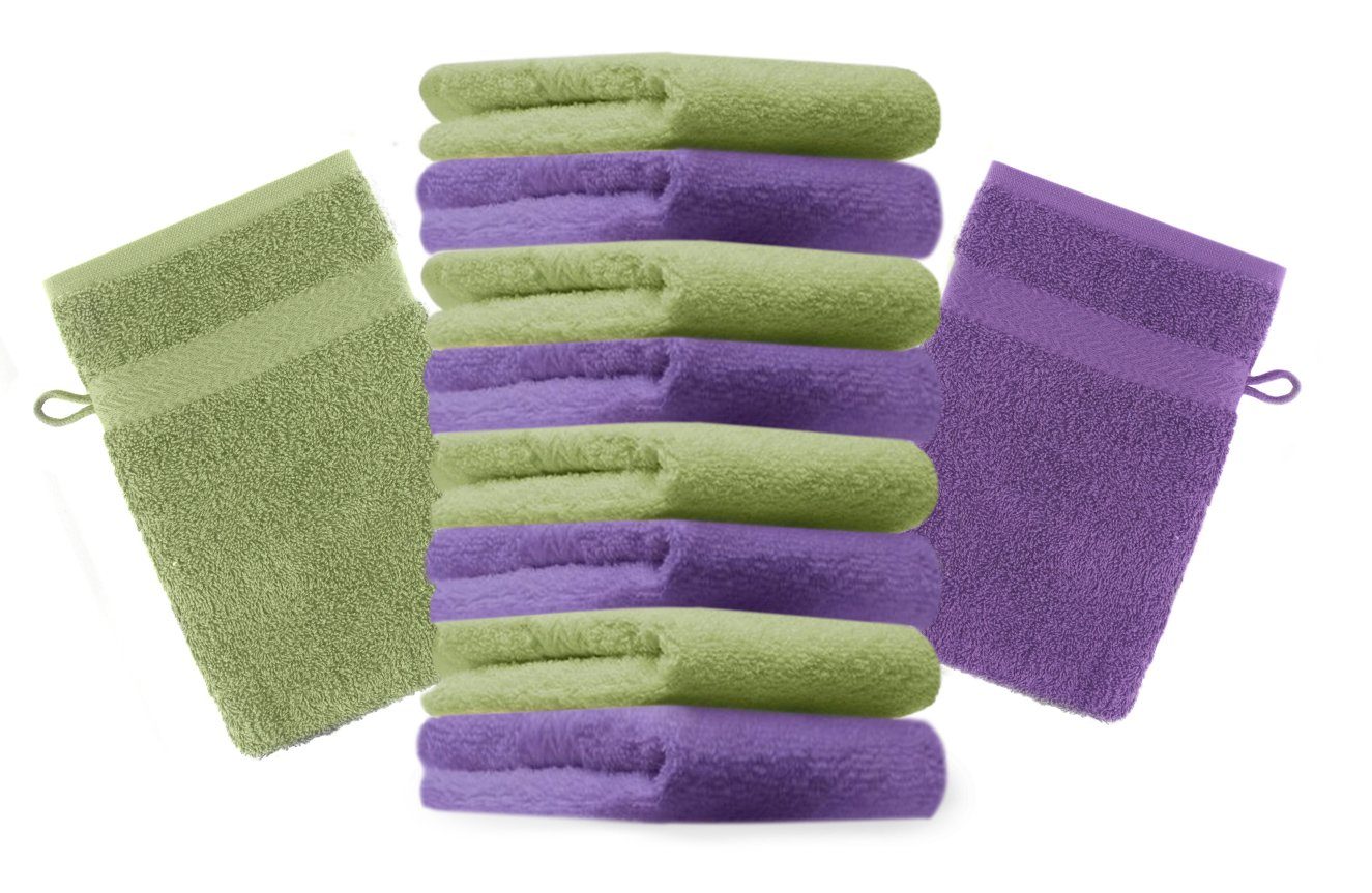 Betz Waschhandschuh 10 Stück Waschhandschuhe Premium 100% Baumwolle Waschlappen Set 16x21 cm Farbe apfelgrün und lila (10-tlg)