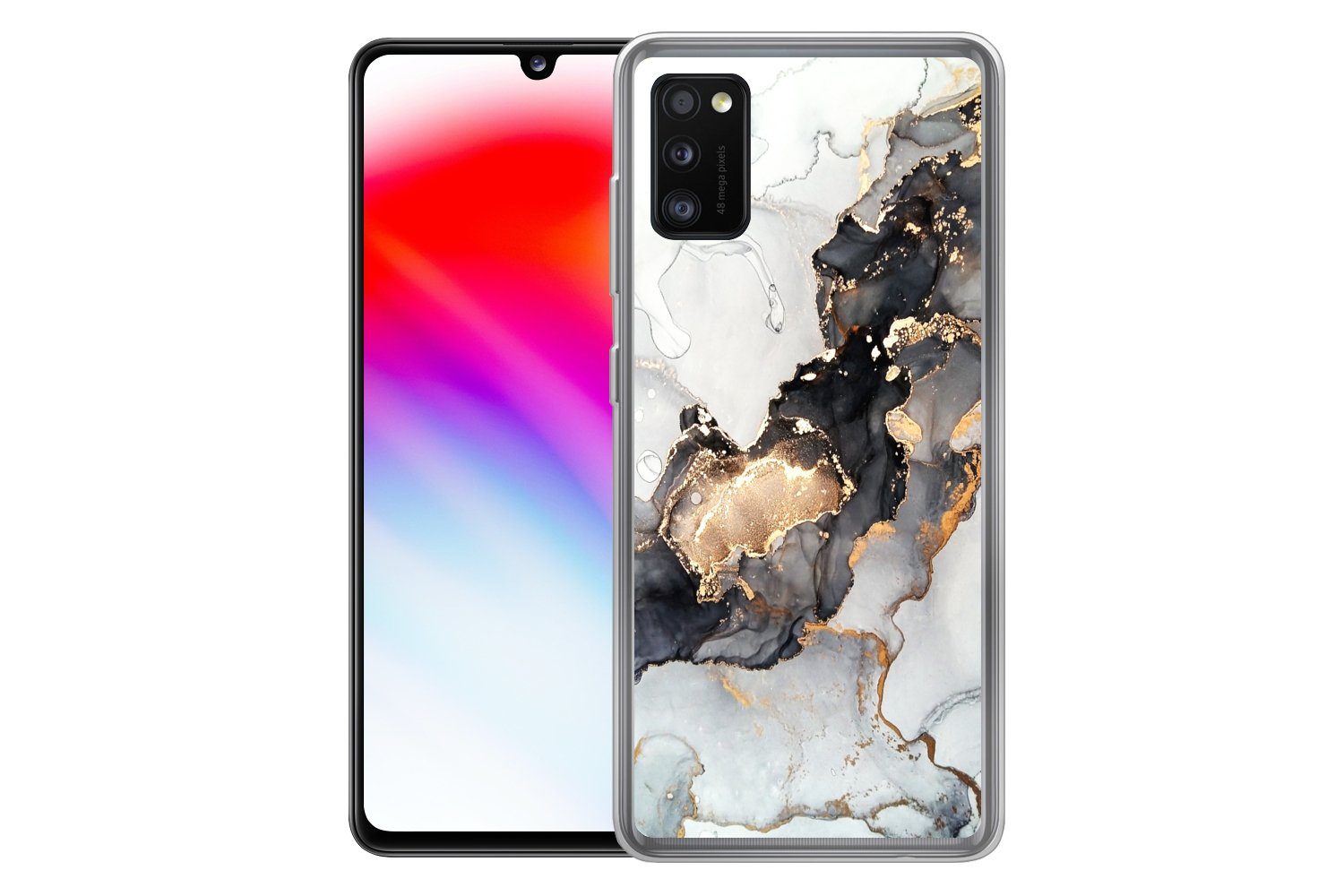 MuchoWow Handyhülle für Samsung Galaxy A41 Marmor - Schwarz - Weiß - Gold - Luxus - Abstra, Smartphone-Bumper, Print, Handy Schutzhülle Dünn