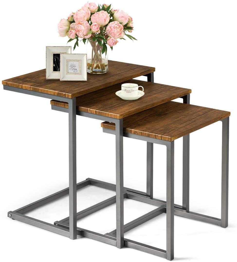 COSTWAY Beistelltisch Couchtisch, 3er Set, mit Metallgestel