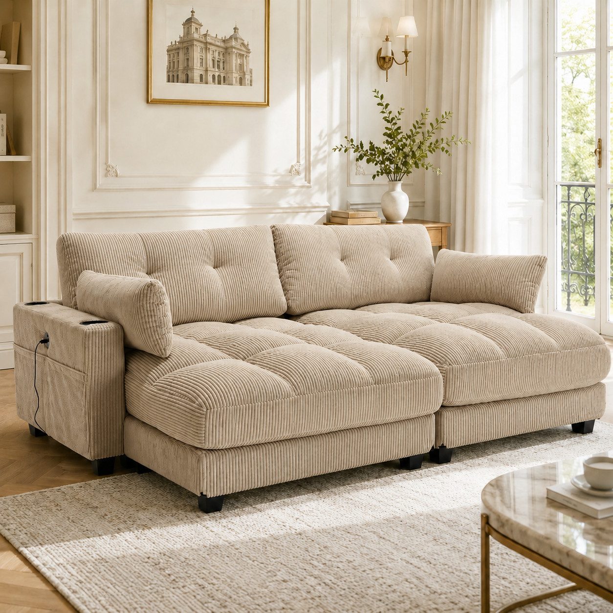 STILVORA Loungesofa 2-Sitzer Sofa mit 4 Seitentaschen Cordsofa mit 4 Getränkehaltern, für Wohnzimmer, Schlafzimmer, Balkon und Arbeitszimmer