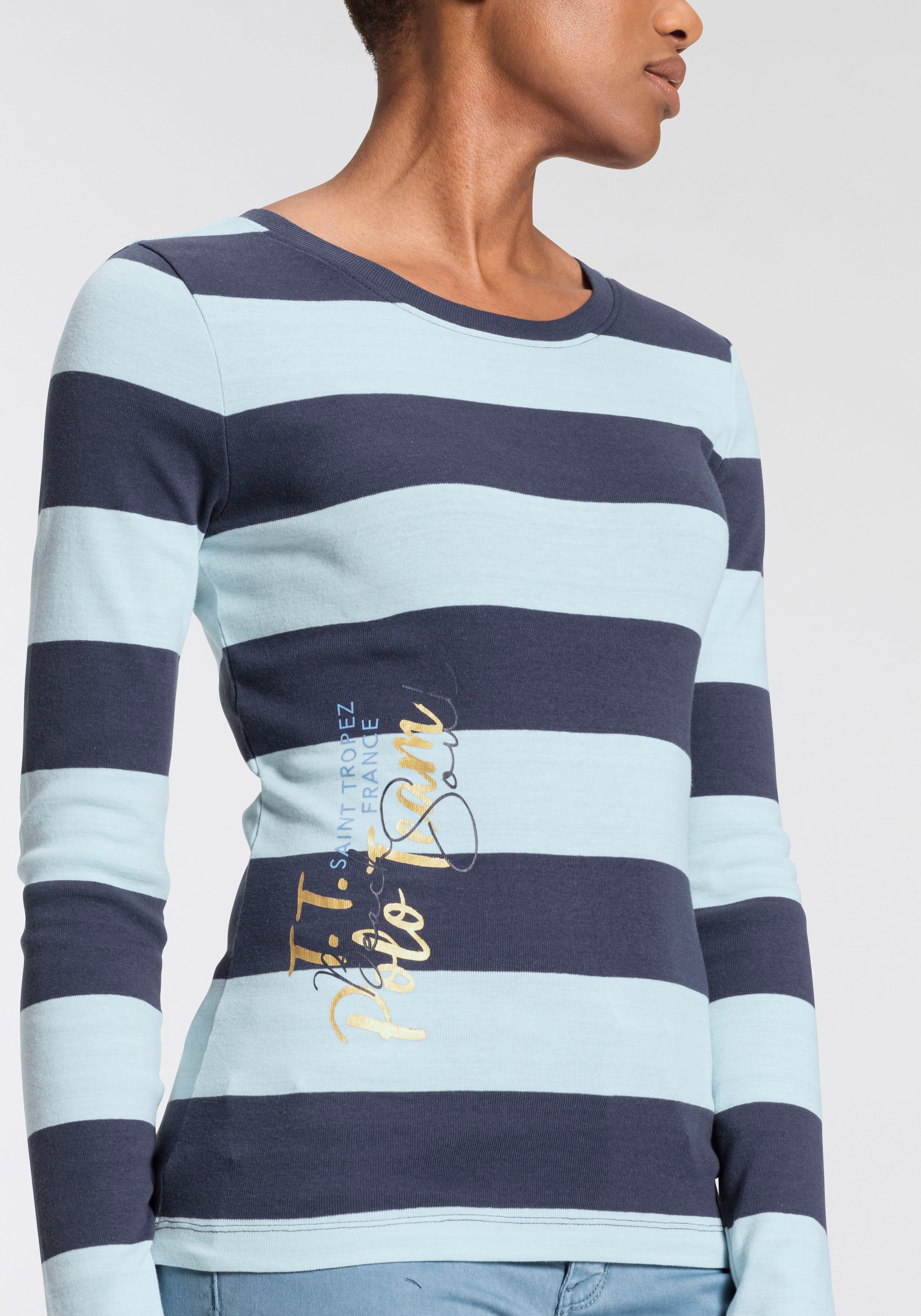 Damen Shirts TOM TAILOR Polo Team Langarmshirt mit Blockstreifen und großem Schriftzug-Logodruck - NEUE KOLLEKTION