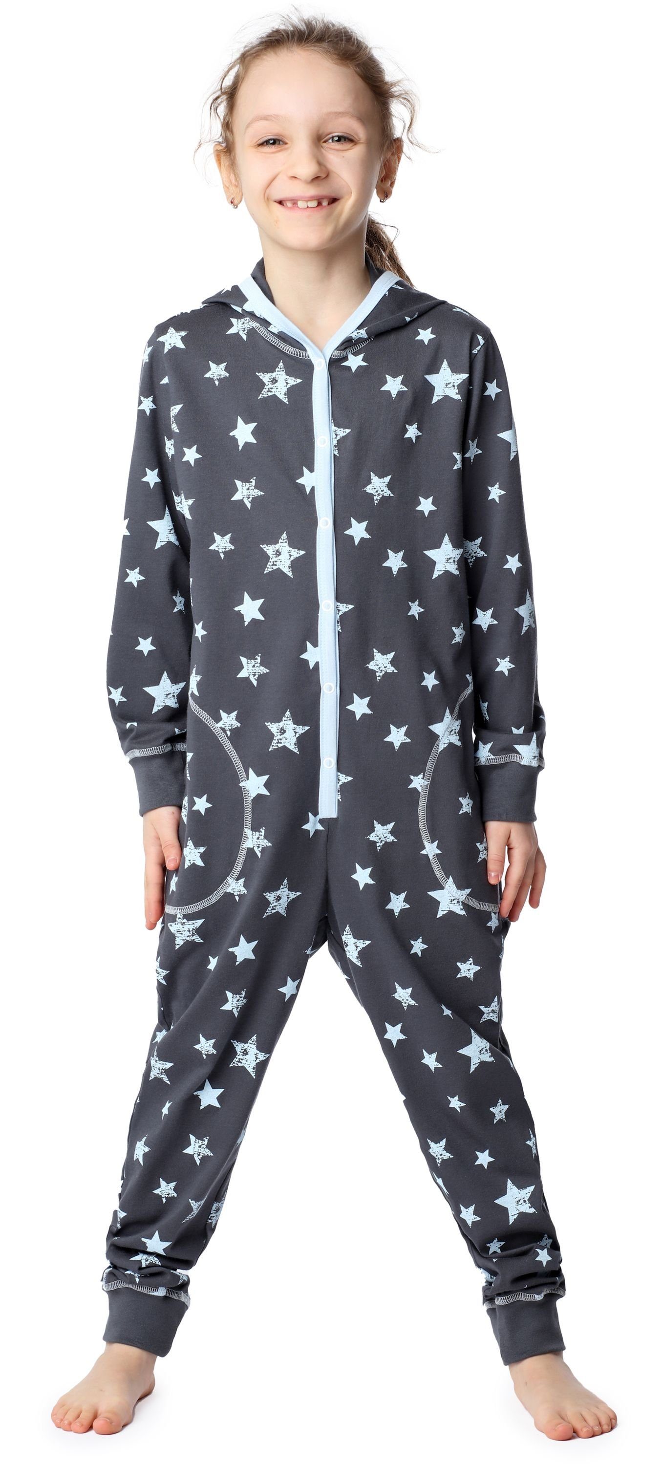 Merry Style Schlafanzug Mädchen Schlafoverall mit Kapuze MS10-223 Grau Blaue Sterne | Pyjamas