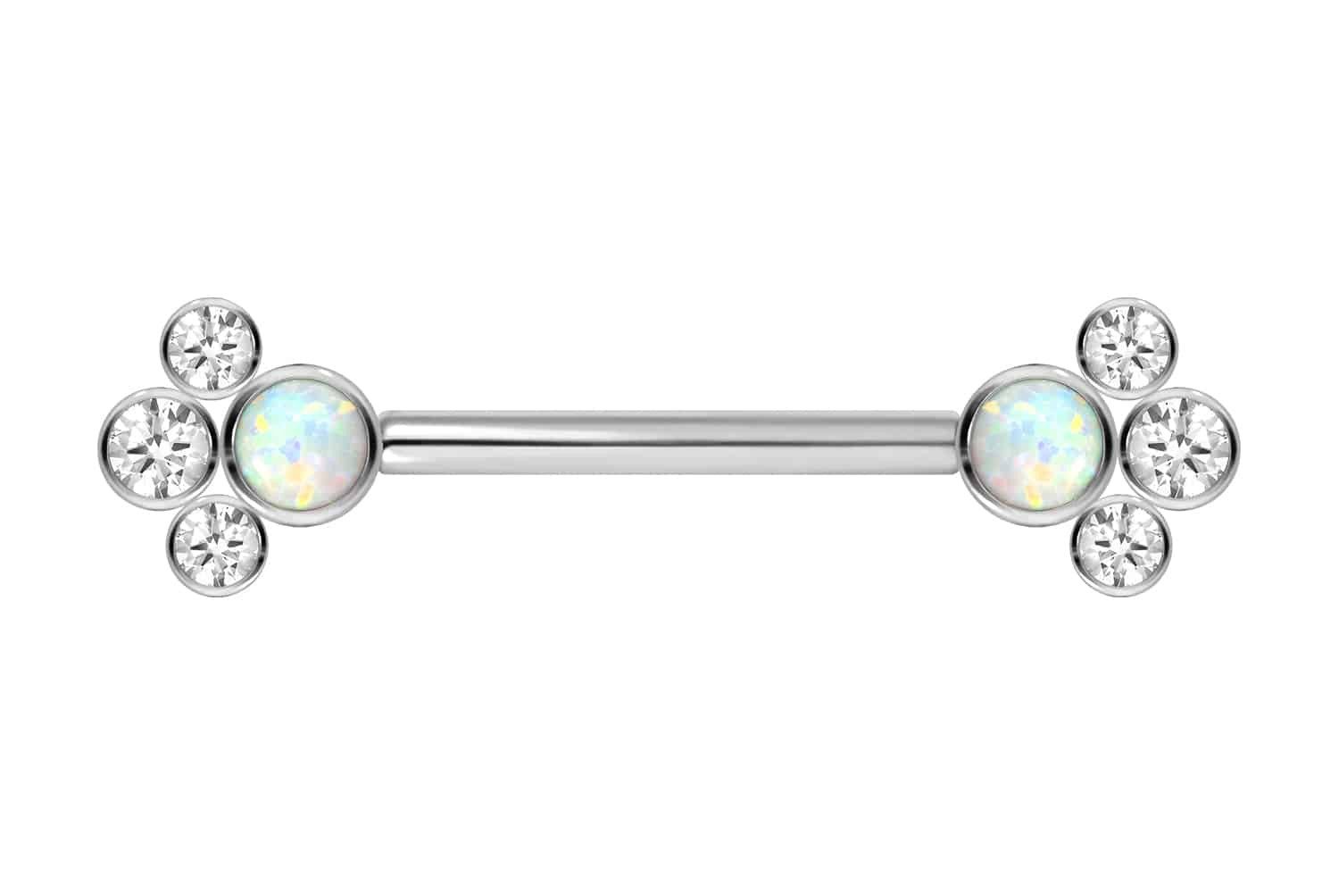 Brustwarzenpiercing Titan Barbell mit Push Fit SYNTHETISCHER OPAL + 3 KRISTALLE