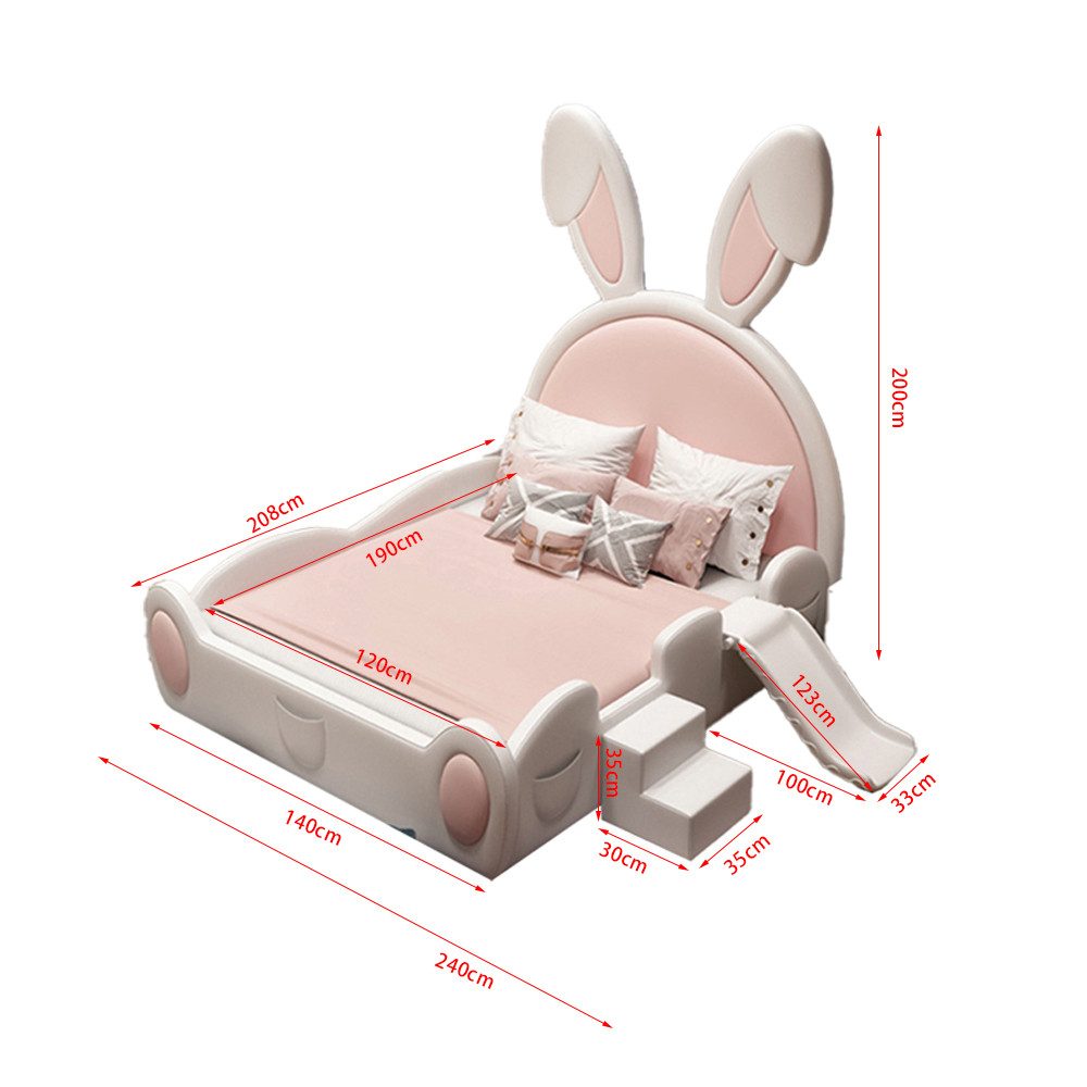 Muxing Kinderbett Hasenohren mit Rutsche und Treppe (1-tlg), 120×190cm, rosa+weiß