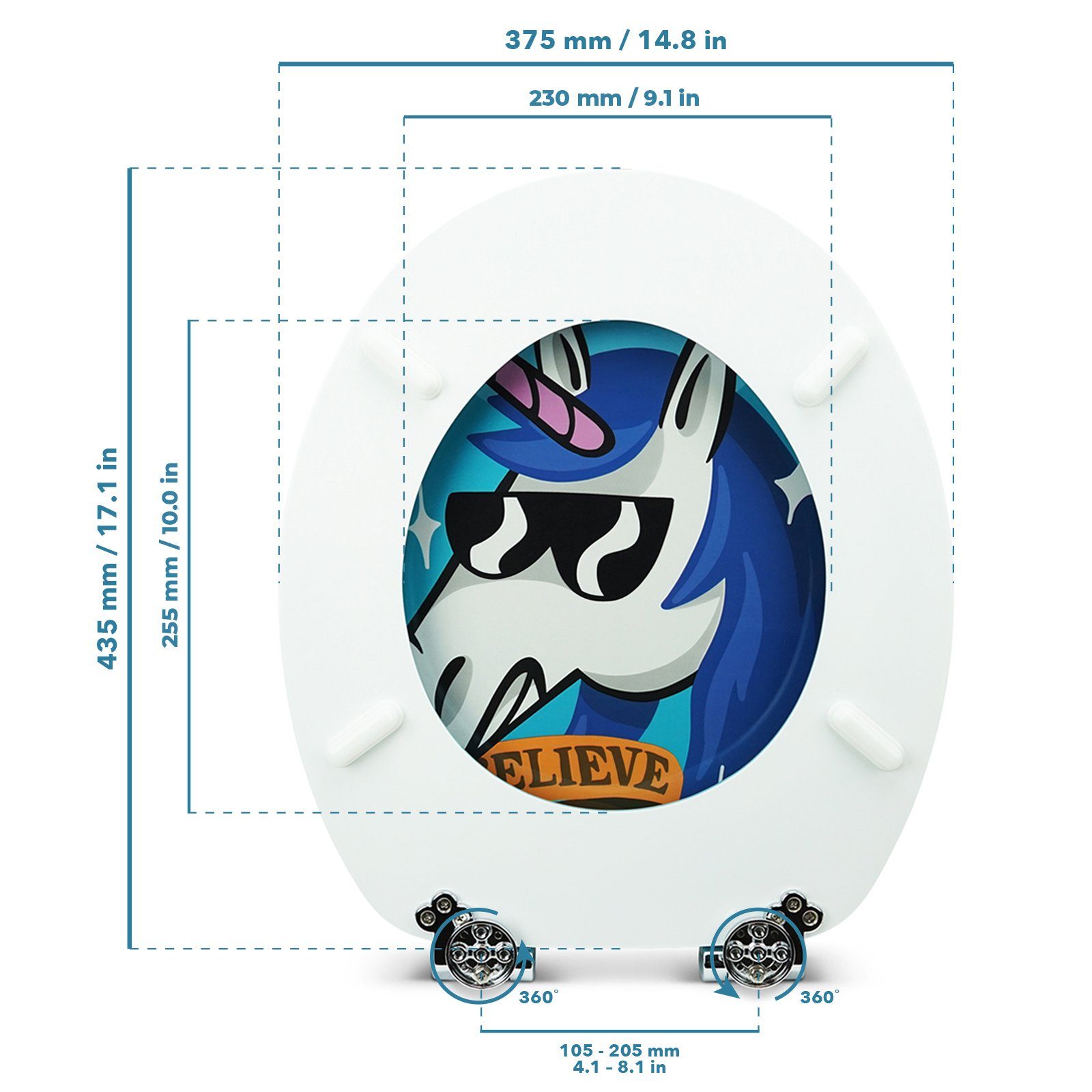 Sanfino WC-Sitz "Funky Unicorn“ Premium Toilettendeckel mit Absenkautomatik aus Holz, mit schönem Motiv, hohem Sitzkomfort, einfache Montage – Bild 5 von 5