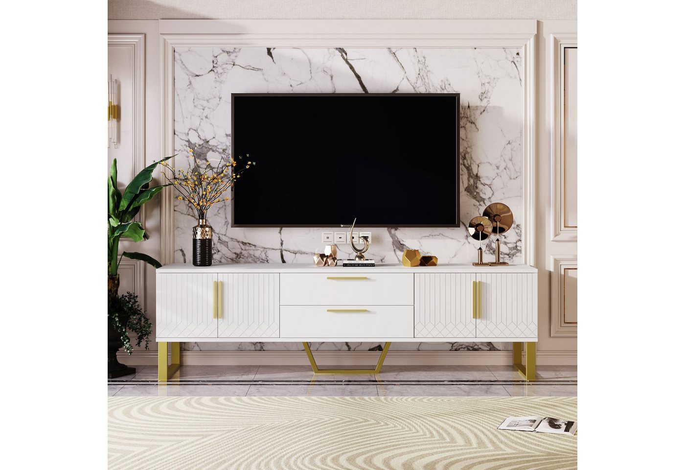 Fine Life Pro TV-Schrank Hochglanz-TV-Schrank, Weiß-Gold, 170 × 40 × 53,5 cm