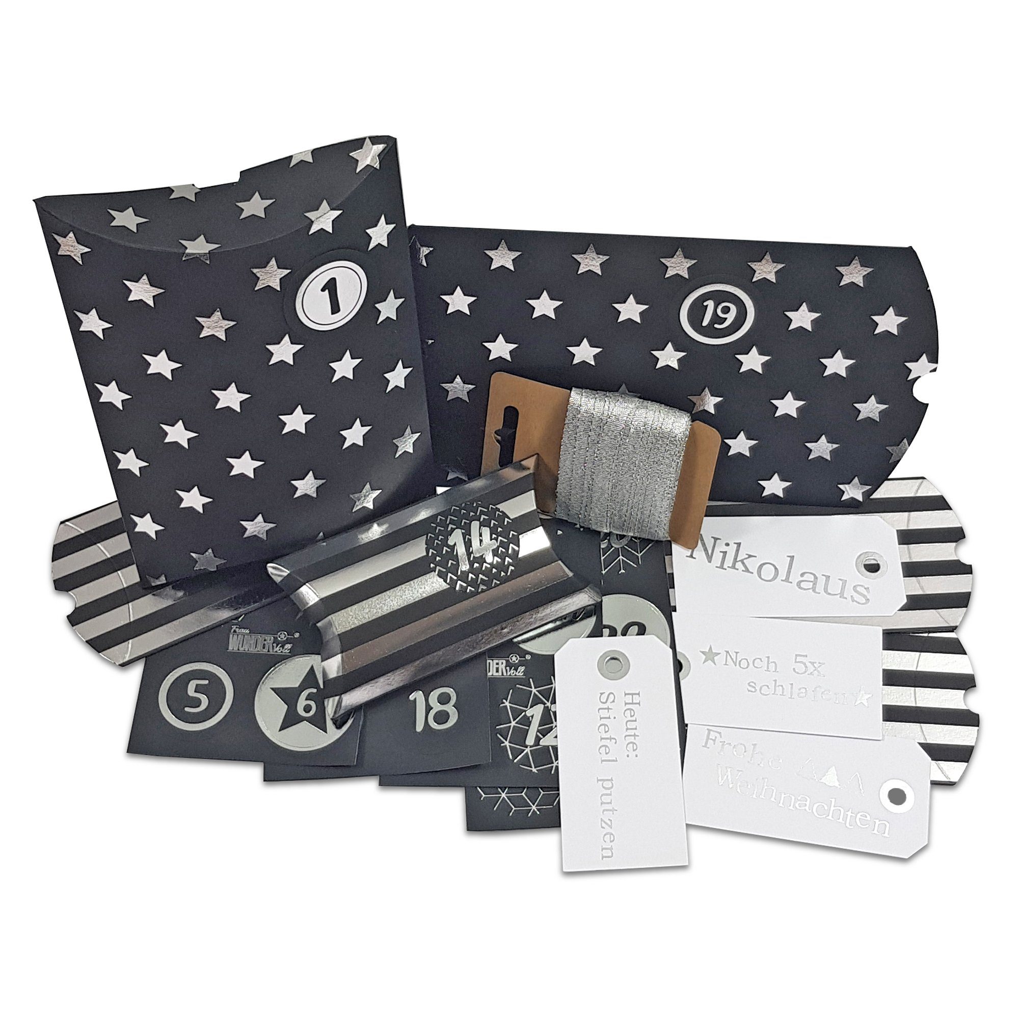 Frau WUNDERVoll befüllbarer Adventskalender Adventskalender zum Befüllen HoHoHo Metallic, schwarz, silber