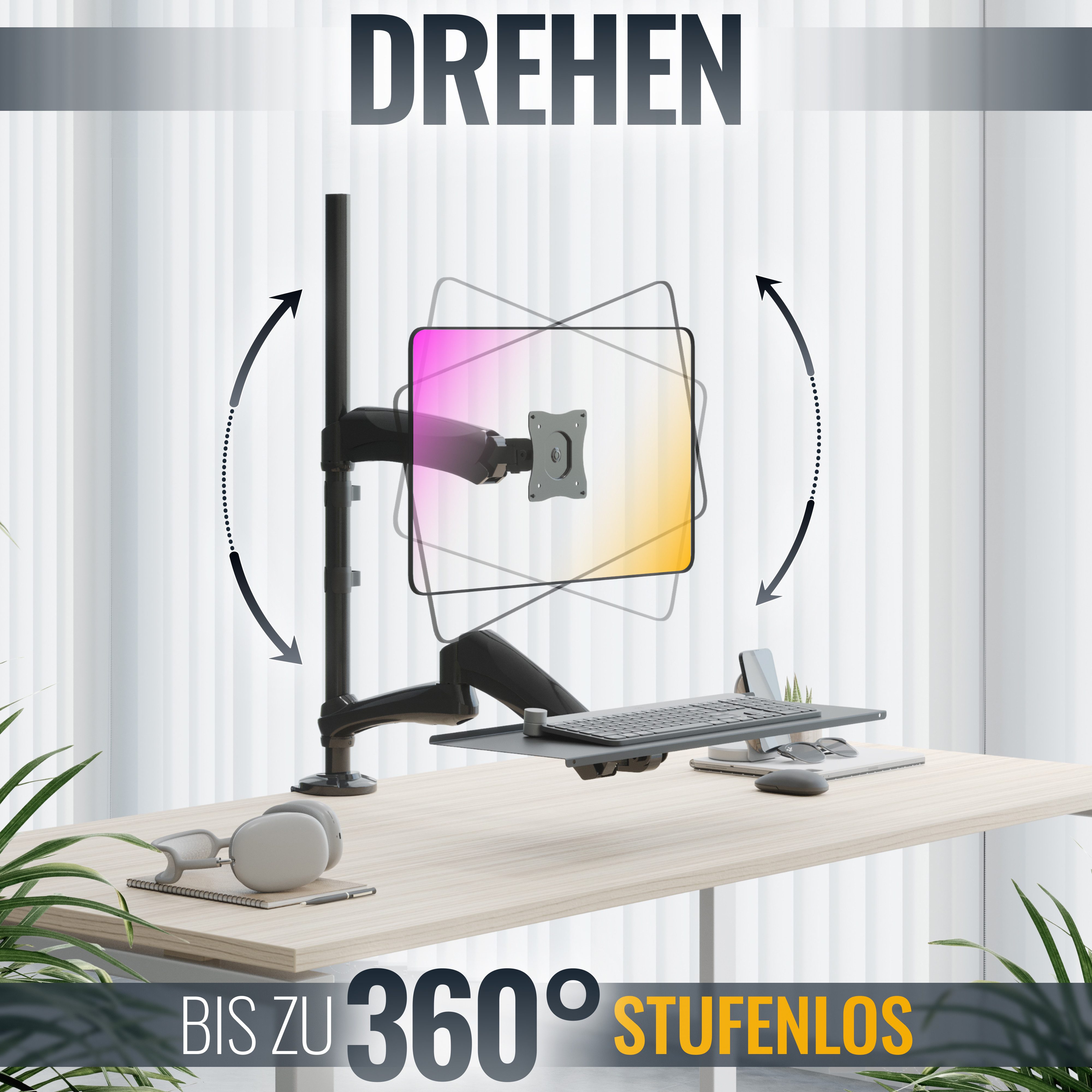 RICOO Monitor-Halterung Desktop Monitor Tischhalterung mit Tastaturablage TS1211, (bis 27 Zoll, VESA 75x75 und 100x100, 1-tlg., 9 kg Monitor, 2 kg Tastatur belastbar, 33-68 cm (13"-27) Diagonale, Neigbar +90°/-90°, drehbar bis 360°, schwenkbar bis 180)