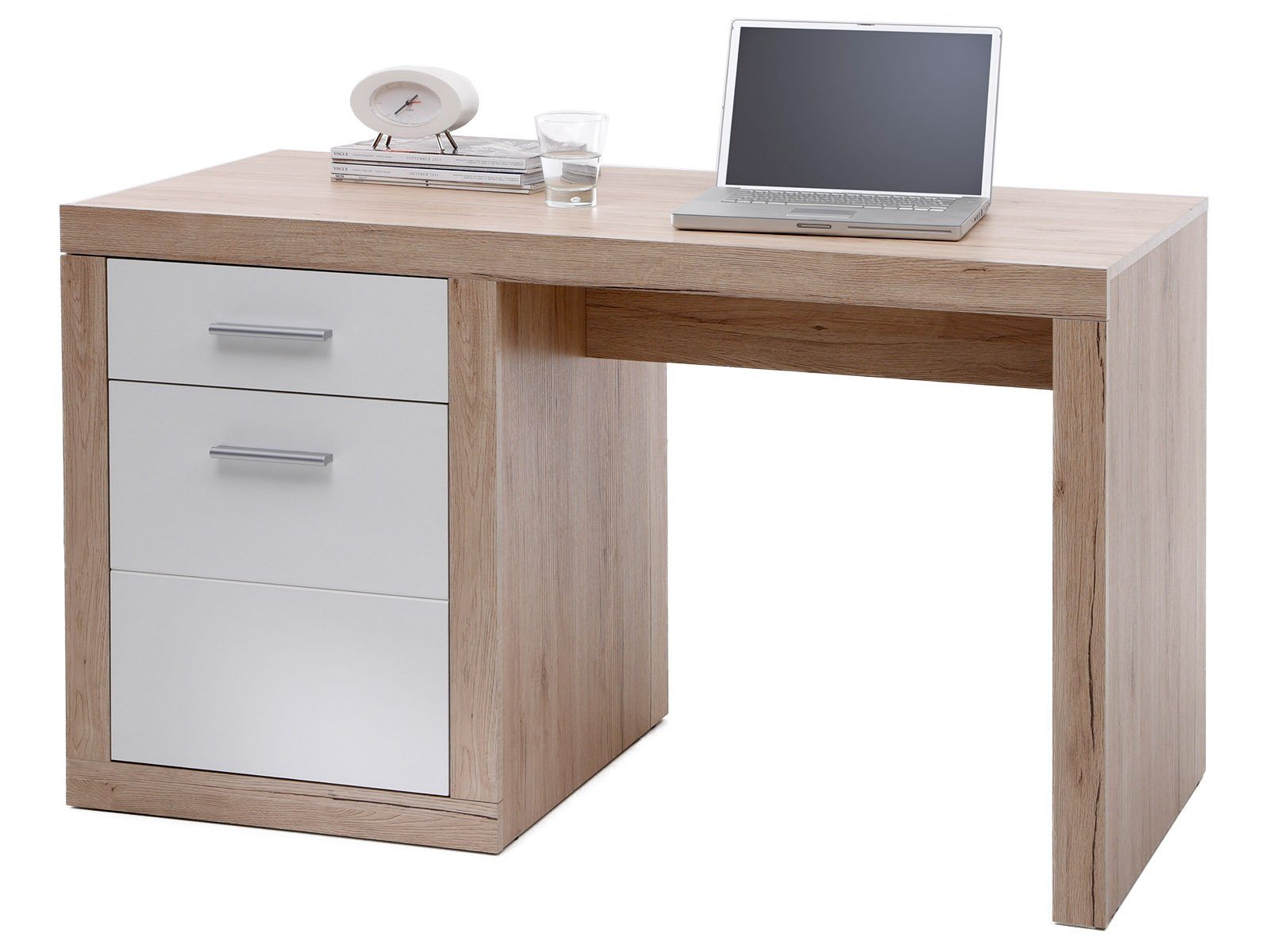 möbelando Schreibtisch Lisetta, Schreibtisch aus Spanplatte in Sanremo-Eiche Nachbildung mit1 Schubkasten und 1 Tür in Weiß mit 1 Boden. Breite 130 cm, Höhe 76 cm, Tiefe 60 cm.