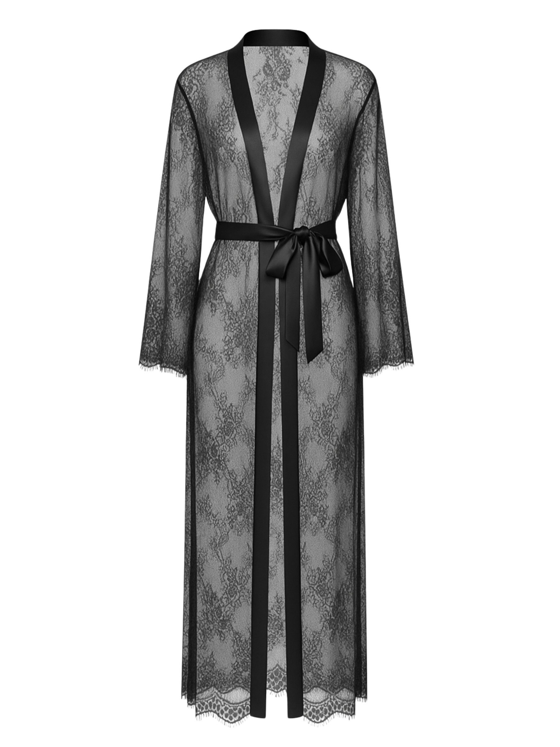 Elegant Love Kimono Langer Morgenmantel aus Spitze – Transparente Lingerie für Damen, Bindegürtel, Transparente Spitze, Ärmel in offenem Design, Bindeband, Elegante Nachtwäsche – Dessous-Kleid mit Spitzenmuster