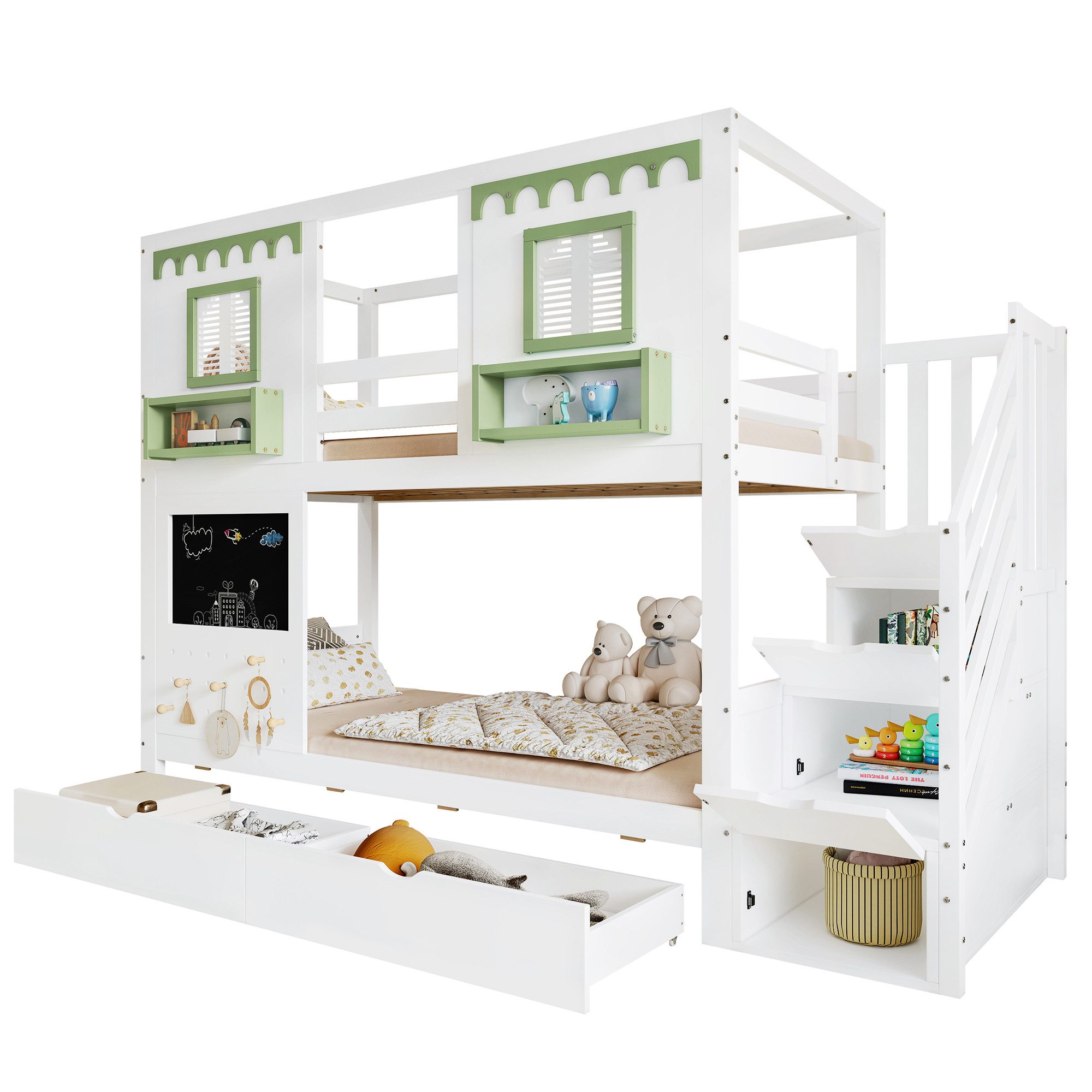 SOFTWEARY Etagenbett mit 2 Liegeflächen und Stauraum (90x200 cm, mit Lattenrost, Regal und Tafel, Treppe mit Schränken), Kinderbett mit Rausfallschutz, Kiefer