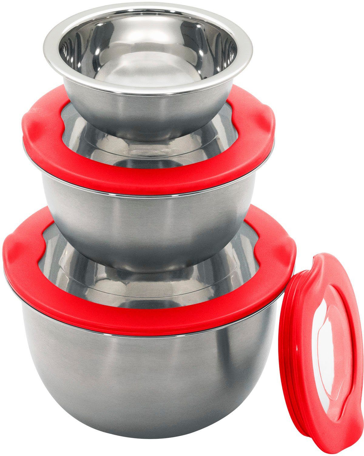 KING Schneidebrett »FRESHIN«, Edelstahl, Kunststoff, (Spar-Set, 11-St., Schüsselgrößen: Ø17.5 Ø14.5 Ø12cm, 3 Messer, 1 Schneidebrett, 1 Schere), Schüsseln Edelstahl, mit Frischaltedeckel, Schneidebrett