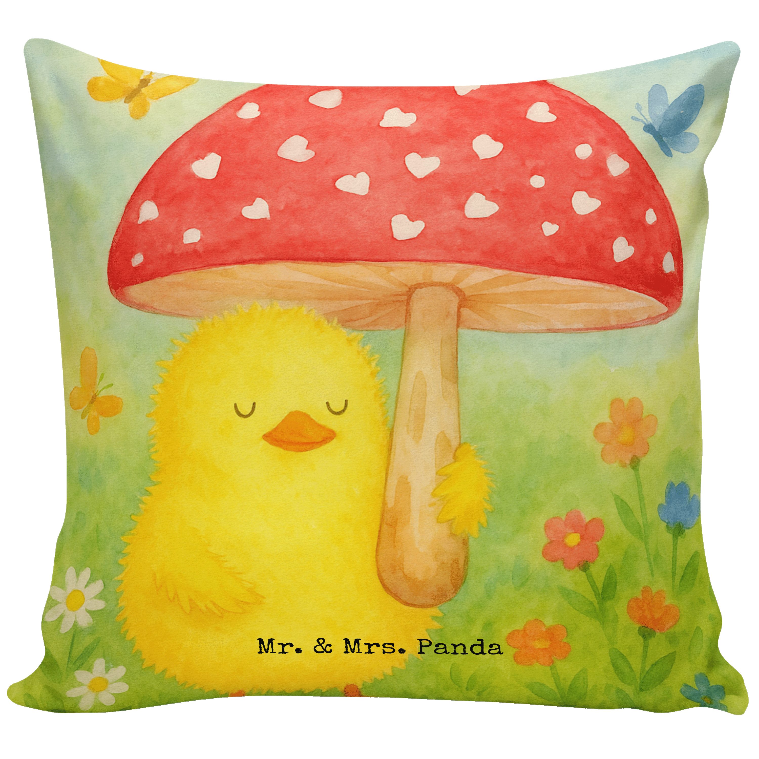 Mr. & Mrs. Panda Dekokissen Küken Fliegenpilz Design, Sofa Kissen, Weiß, Dekokissen, Ostergrüße, 40 X 40 Kissen Mikrofaser Kissen kuschelkissen 40x40