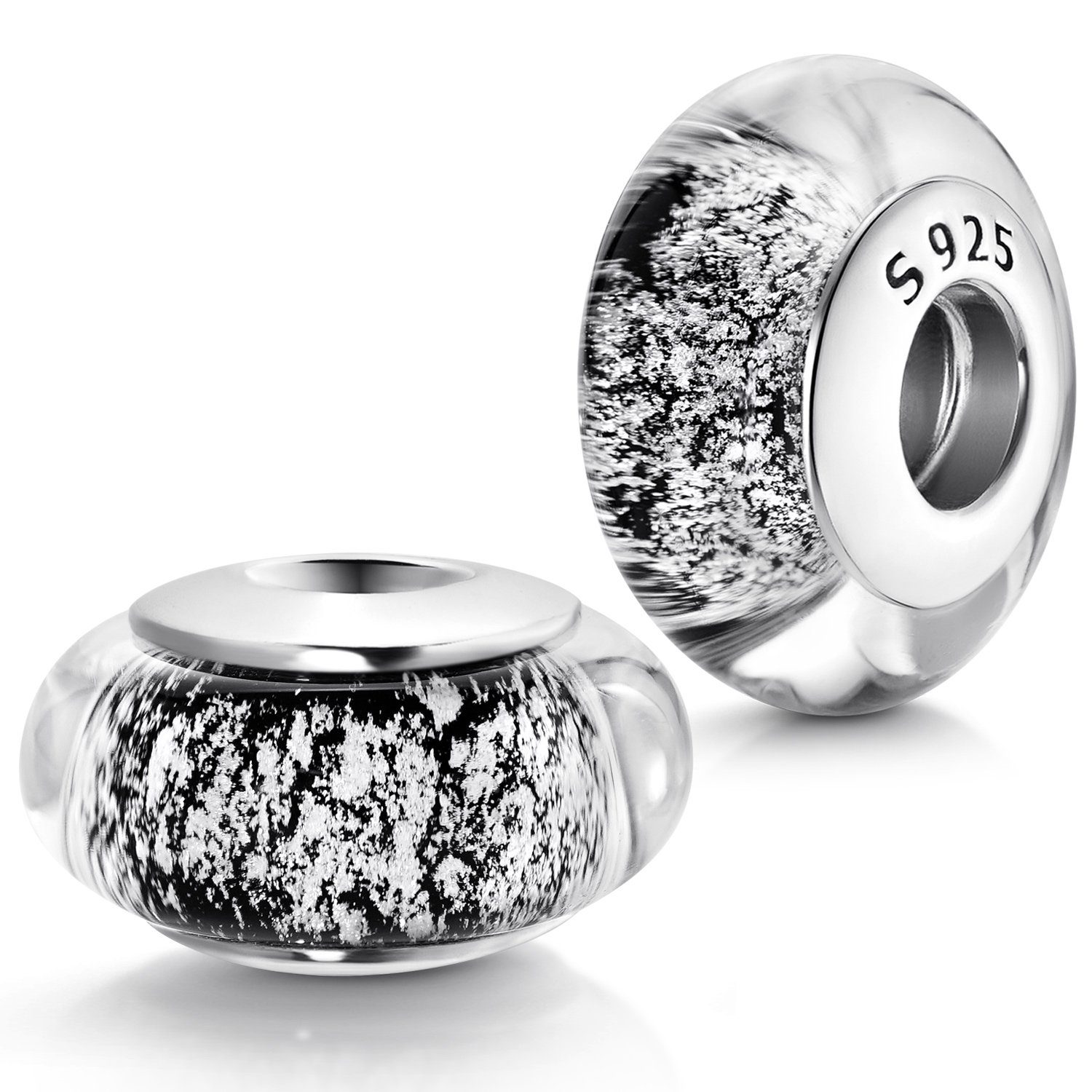 Materia Bead Schwarz Silber Glitter Hülse 925 Silber Sterling gesprenkelt 818, aus