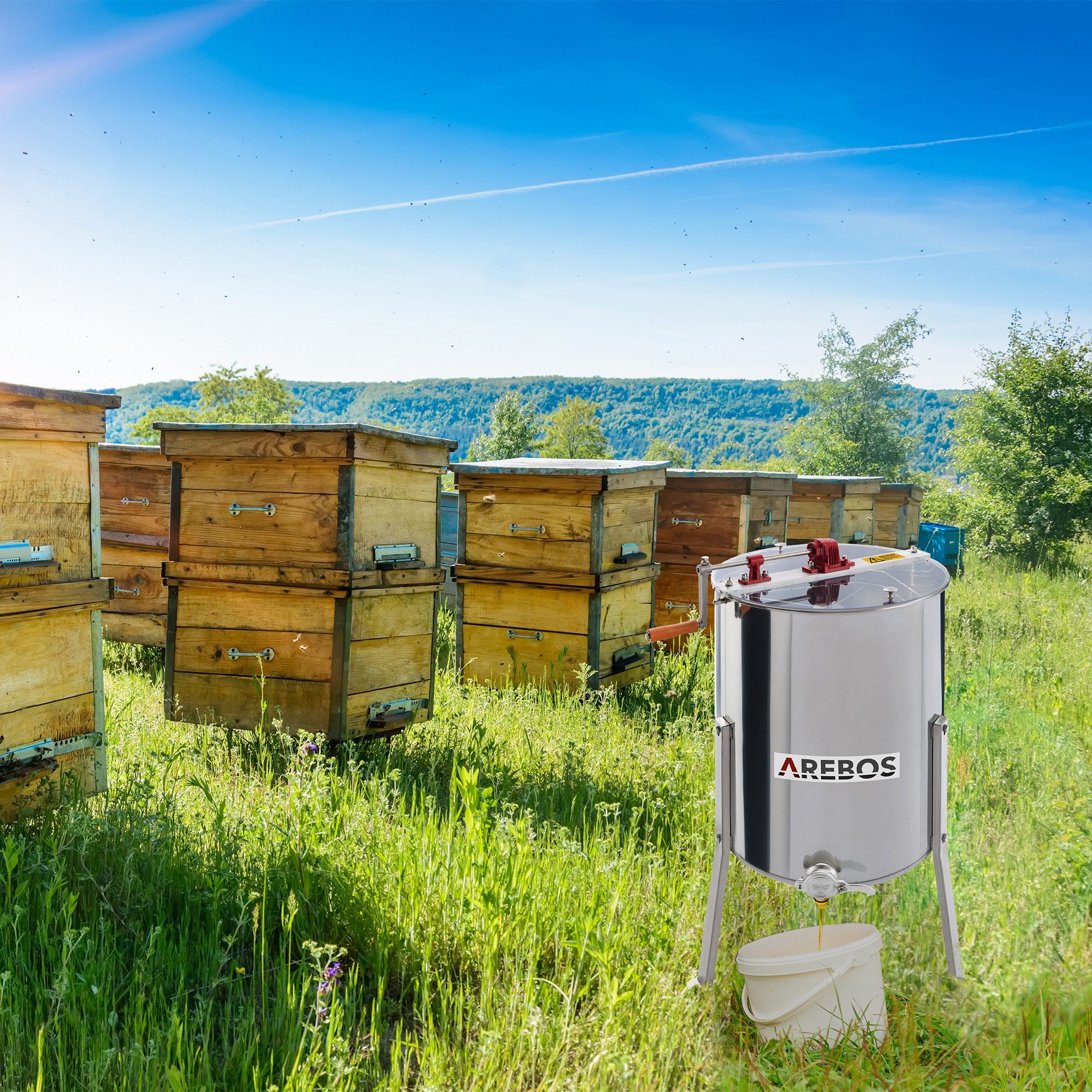 Arebos Bienenbeute Manuelle Honigschleuder, HS 4 Waben, Tangentialschleuder, Imker Honig, Edelstahl, Plexiglasabdeckung für Schutz und Sichtbarkeit