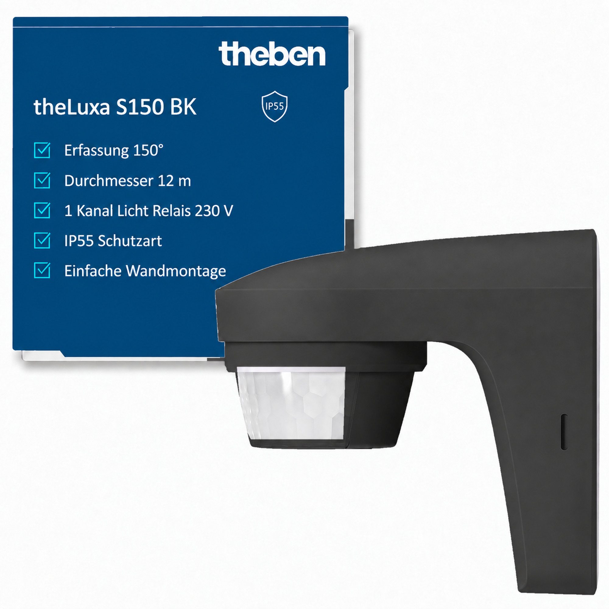 theben Bewegungsmelder theLuxa S150 BK 1010501 Bewegungsmelder, Wandmontage, 150°, Carport/Einfahrt/Hof, drehbar/neigbar