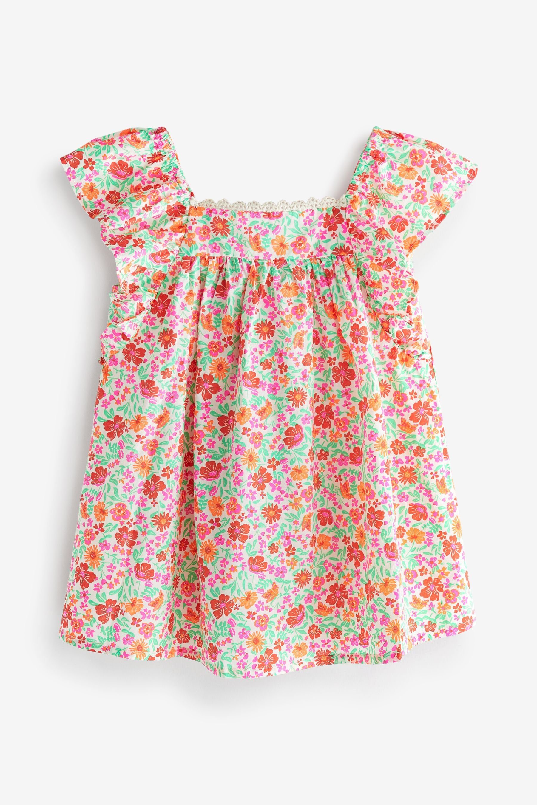 Next Sommerkleid Rüschenkleid mit Print aus Baumwolle (1-tlg) Pink