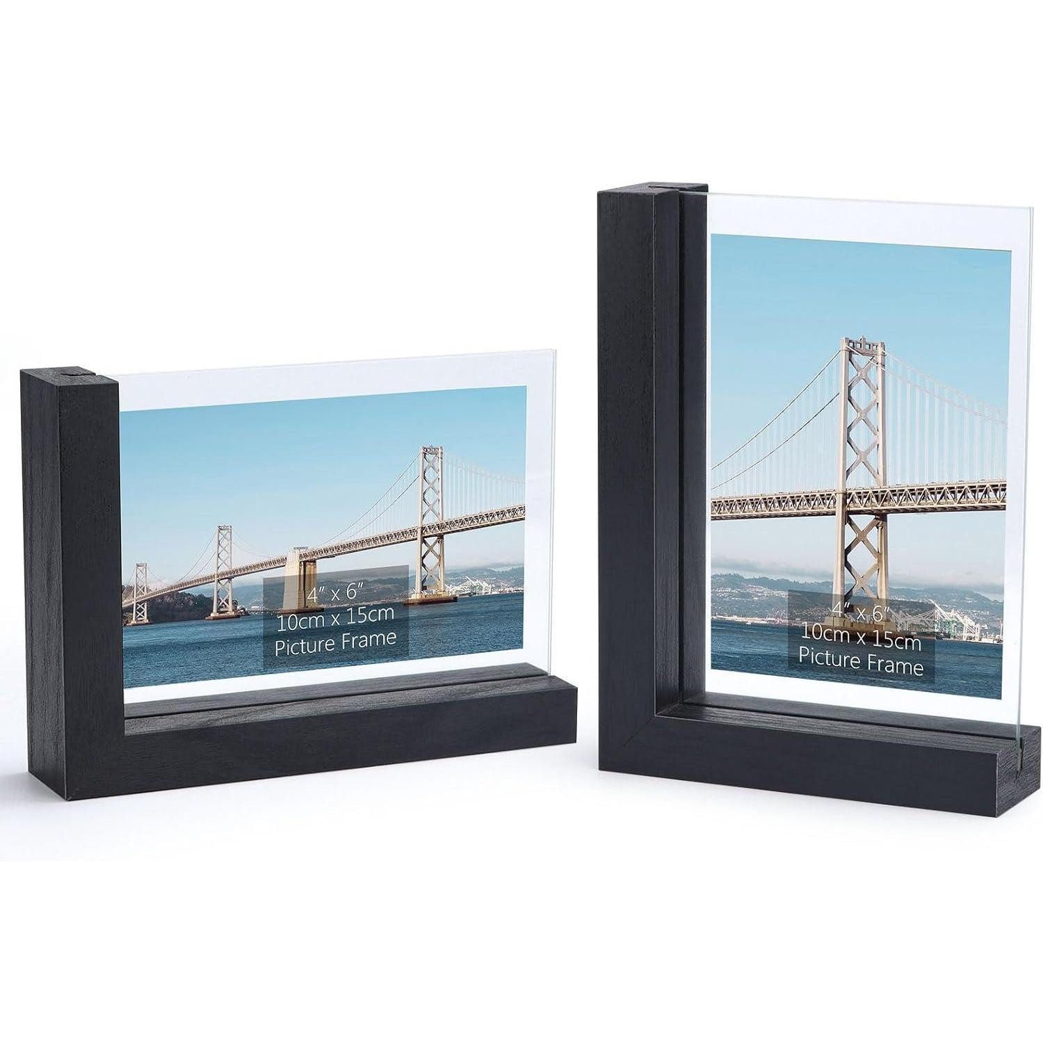 LuxusKollektion Bilderrahmen-Set Bilderrahmen 2er Doppelseitig Glas MDF Sockel Schwarz 10x15 cm
