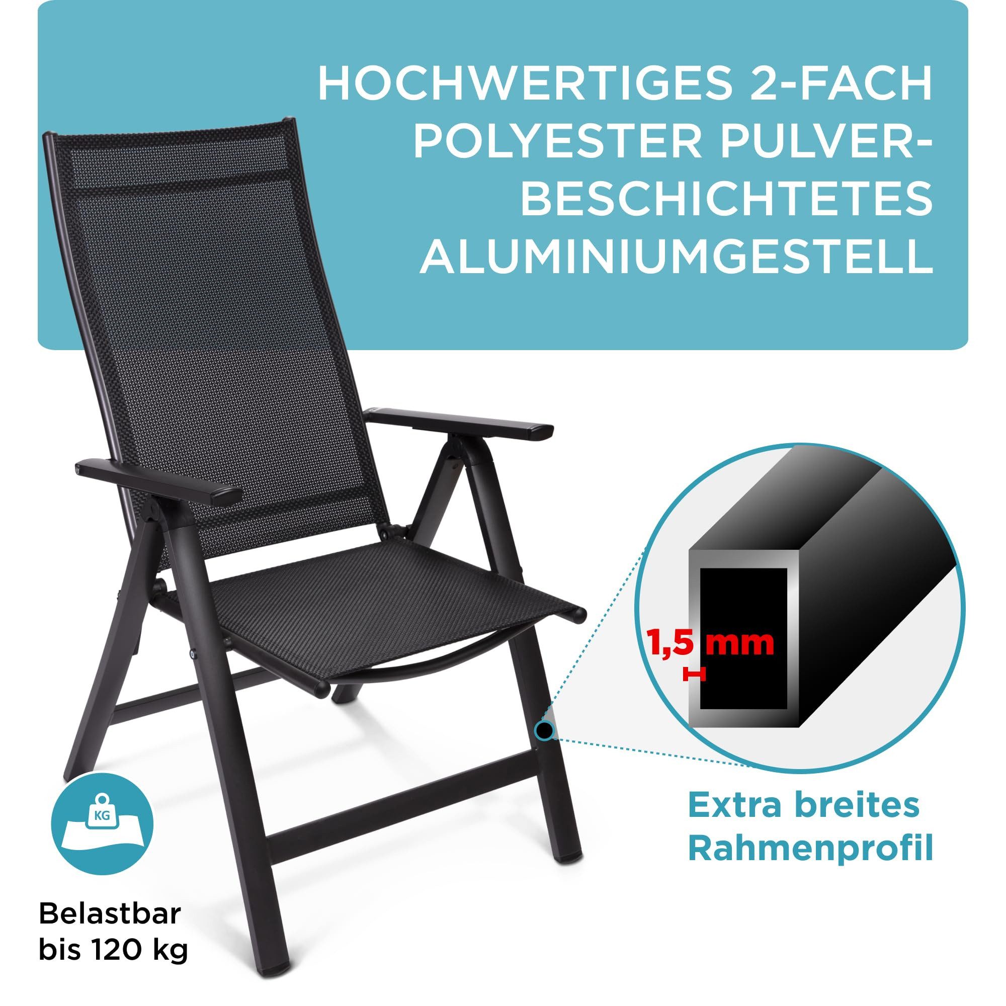 Gardisun Gartenstuhl Gartenstuhl Hochlehner Klappbar (2-fach pulverbeschichtet und wetterfest, 1 St), 5-fach verstellbar, erhätlich in Anthrazit & Silber