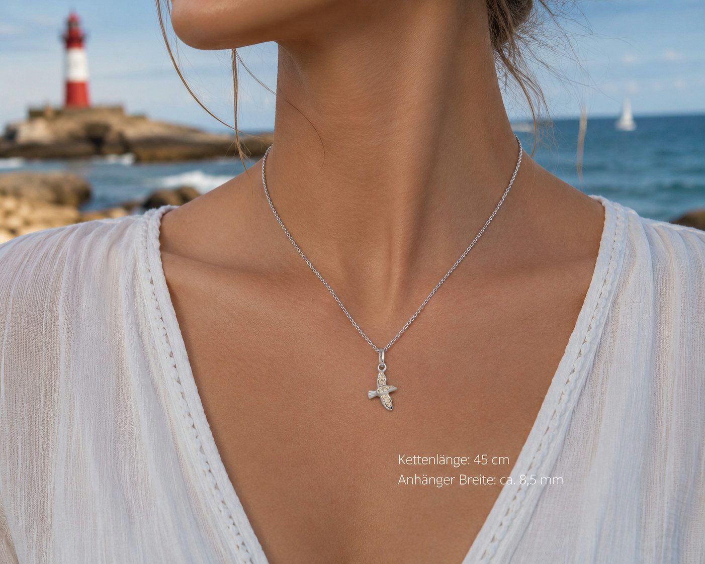 DUR Kette mit Anhänger Halskette Möwe K3003, 45 cm – Anhänger aus 925er Silber mit Strandsand, Maritimer Schmuck für Naturliebhaber & Küstenfans