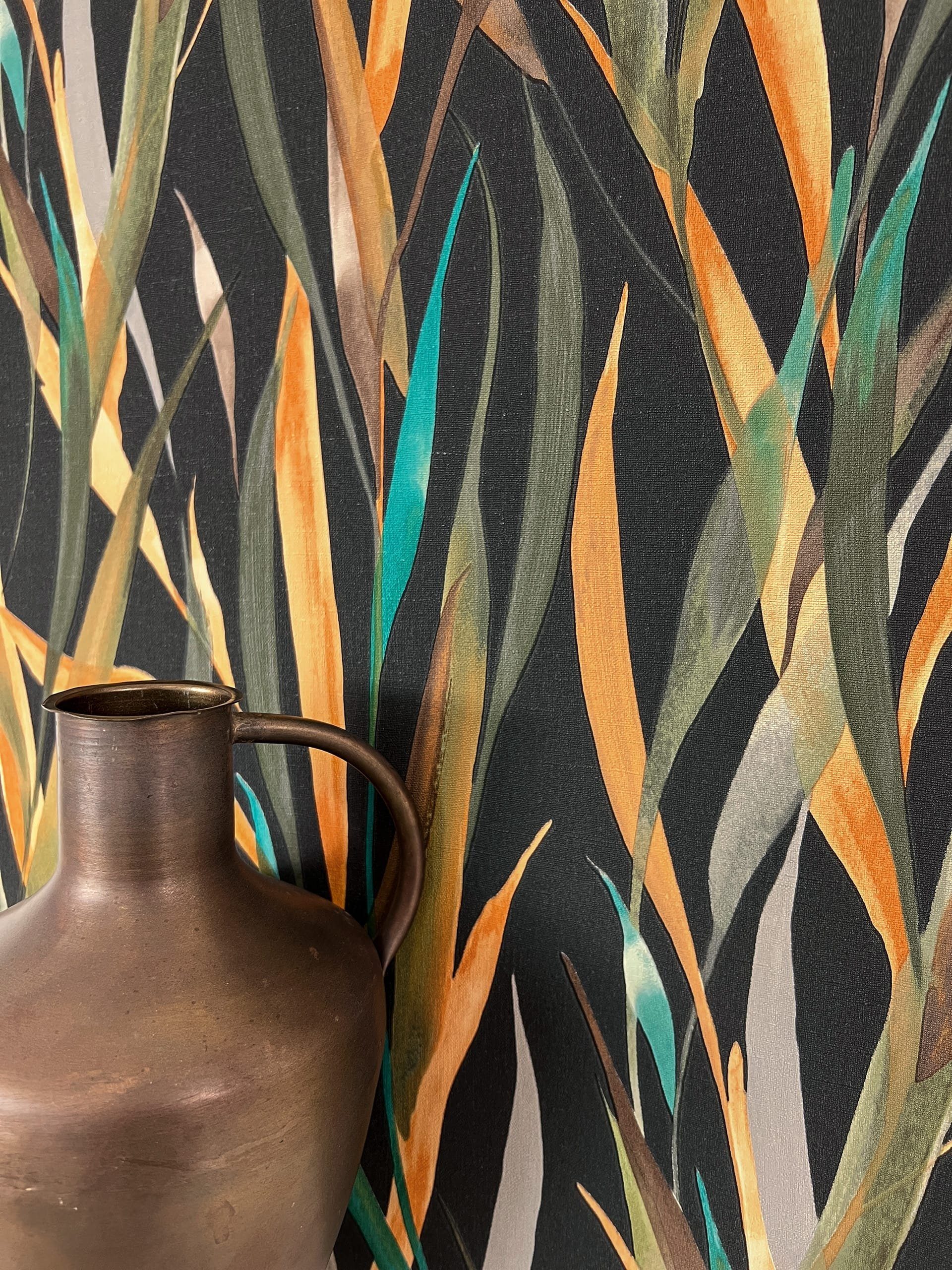 Newroom Vliestapete, Schwarz Tapete Modern Pflanzen - Mustertapete Natur Or günstig online kaufen