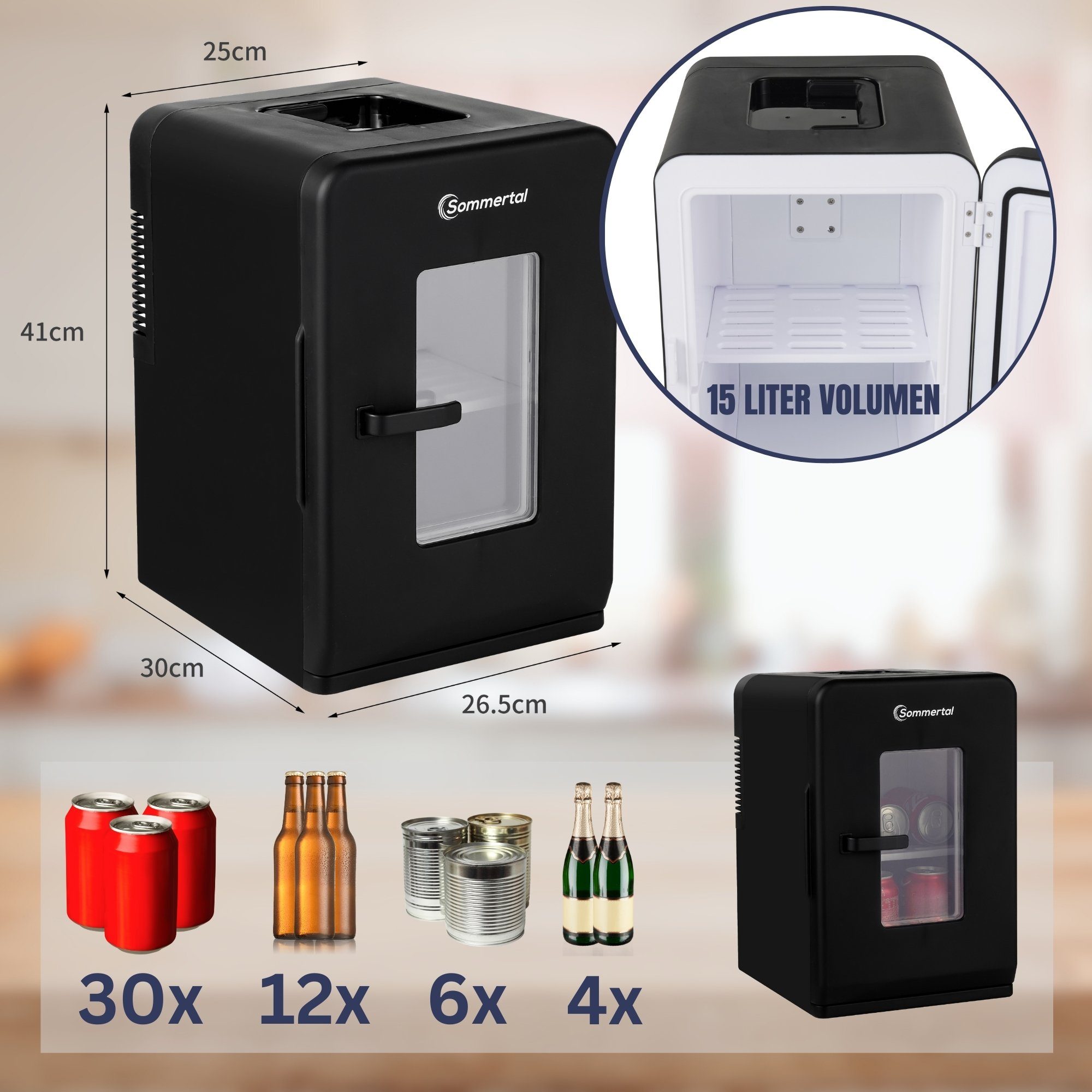 Sommertal Getränkekühlschrank Sommertal Küchengeräte KS15, 41 cm hoch, 27 cm breit, AC für Haus Steckdose und DC für Auto 12V Betrieb