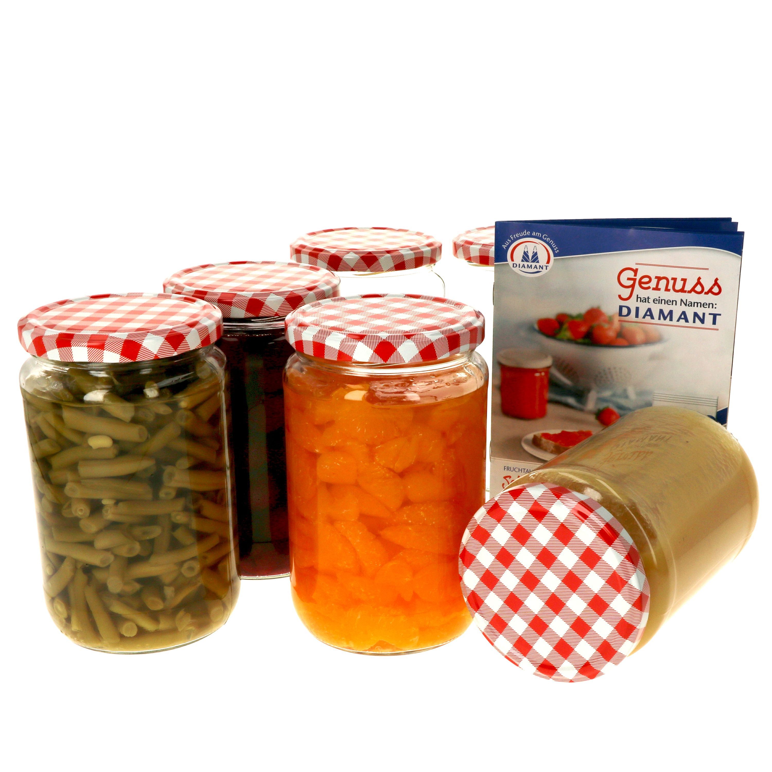 MamboCat Einmachglas 6er Set Rundglas 720 ml To 82 rot karierter Deckel incl. Rezeptheft, Glas