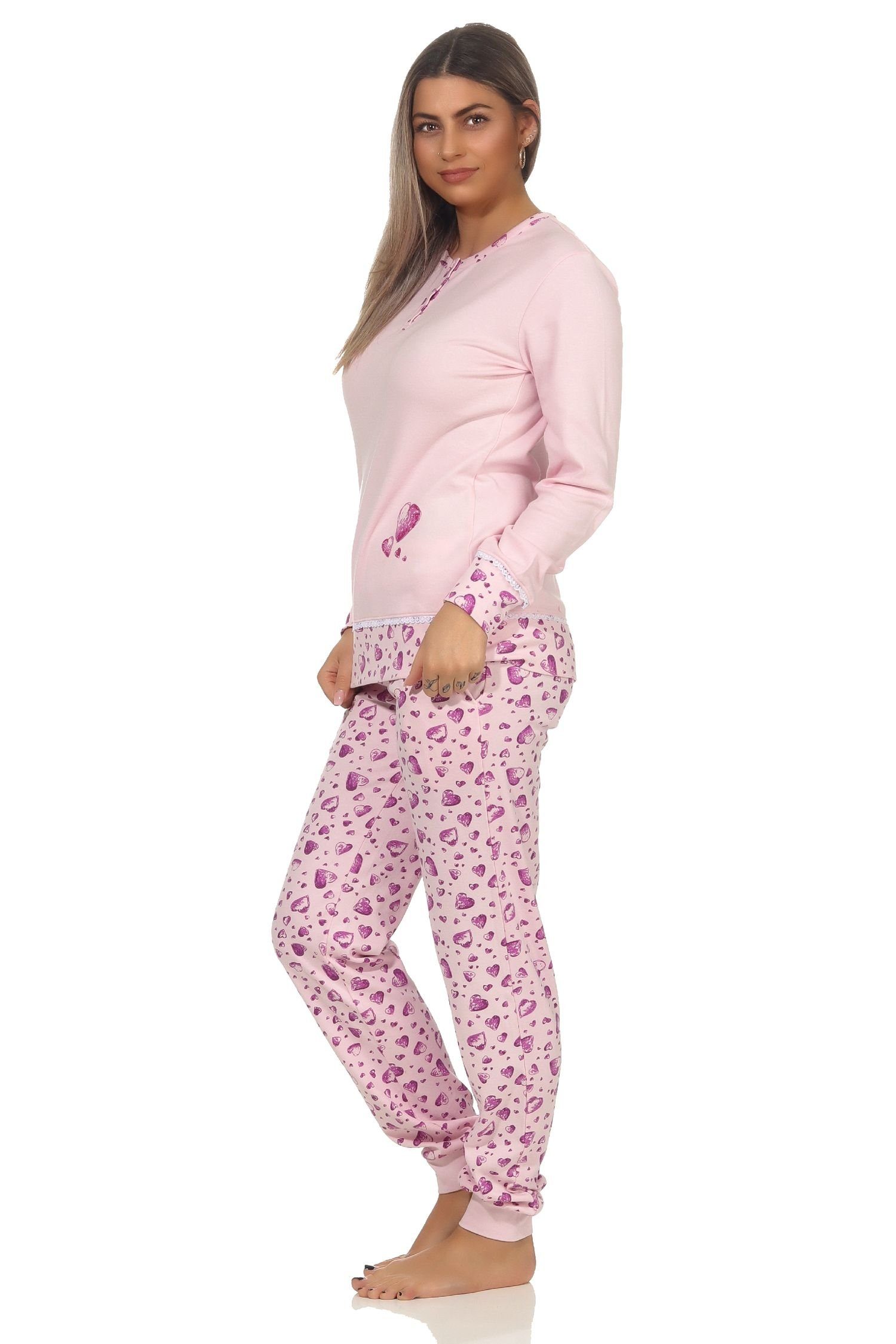mit Pyjama Normann Interlock Herz Damen Kuschel Pyjama Motiven in rosa und Bündchen