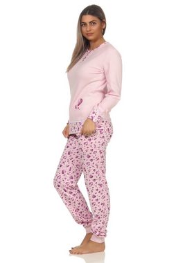Normann Pyjama Damen Pyjama mit Bündchen und Herz Motiven in Kuschel Interlock