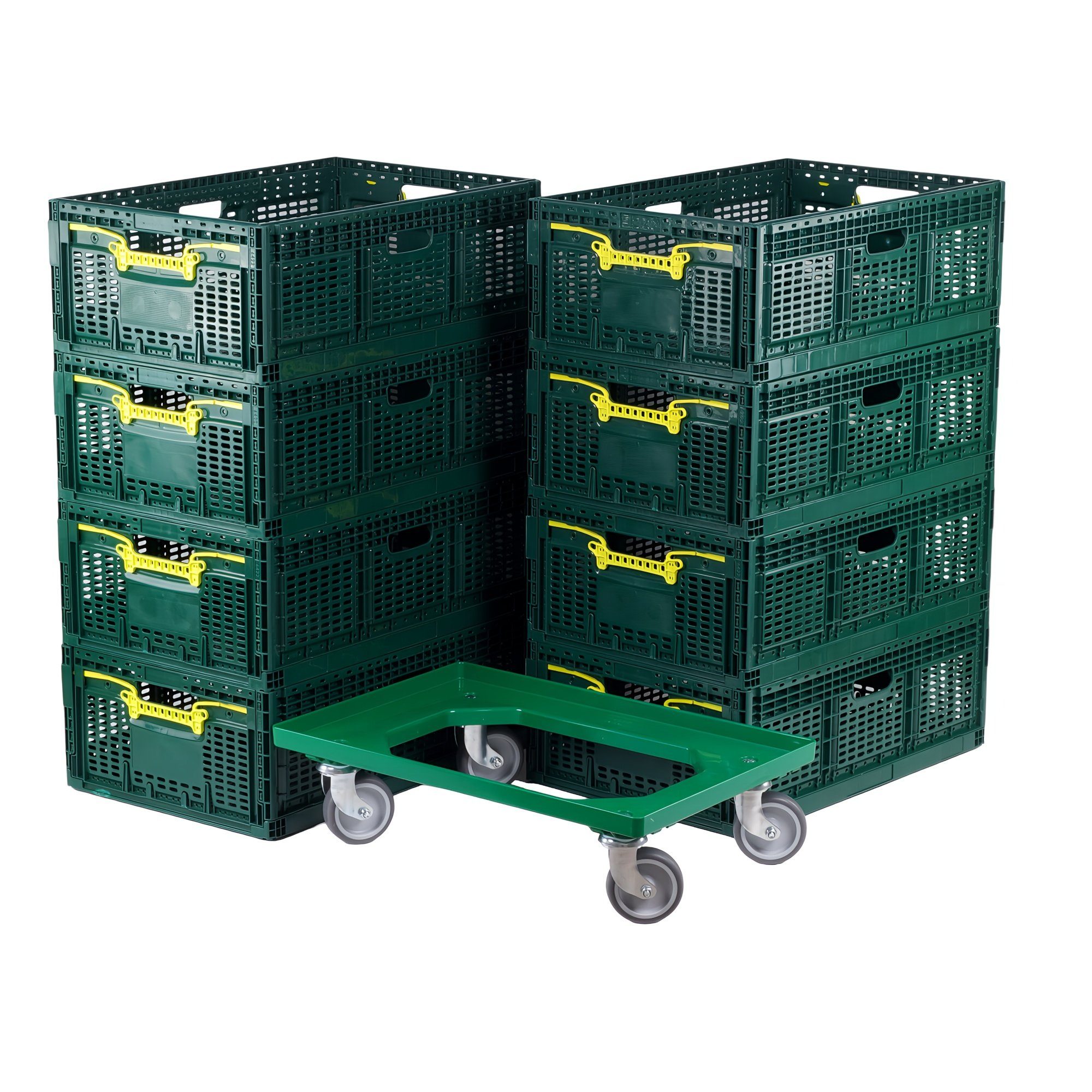 Logiplast Klappbox 8 x Klappboxen in grün + ein Transportroller in grün, 46 l, Lebensmittelunbedenklich (Klappbox), faltbar, übereinander stapelbar