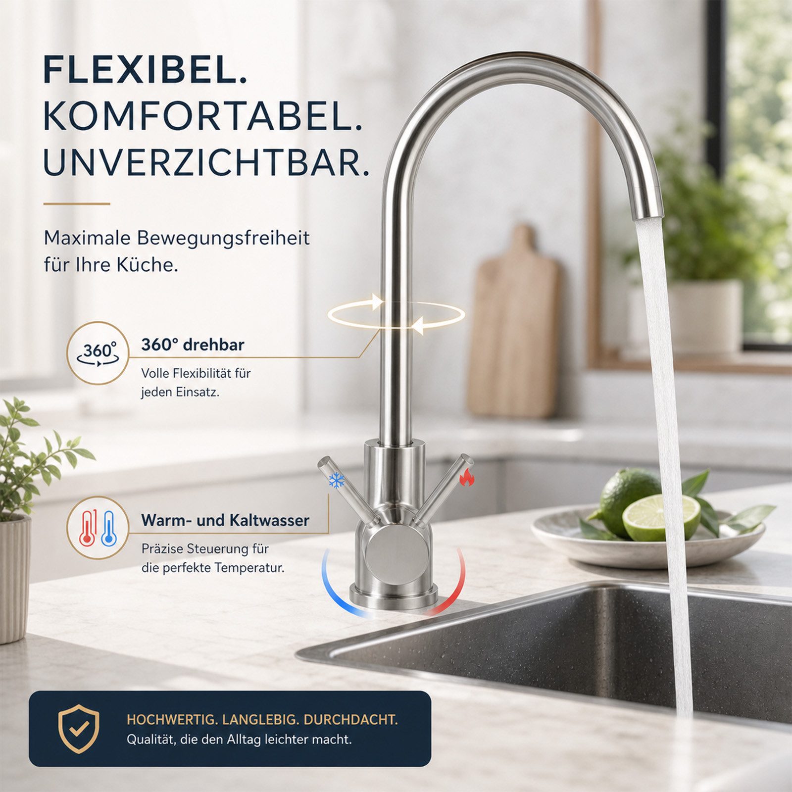 Ledklang Küchenarmatur Hochdruck Edelstahl Spültischarmatur 360° schwenkbar Schwarz/silber (1-St., Mischbatterie) für Einhebelmischer Mischbatterie Wasserhahn K – Bild 2 von 5