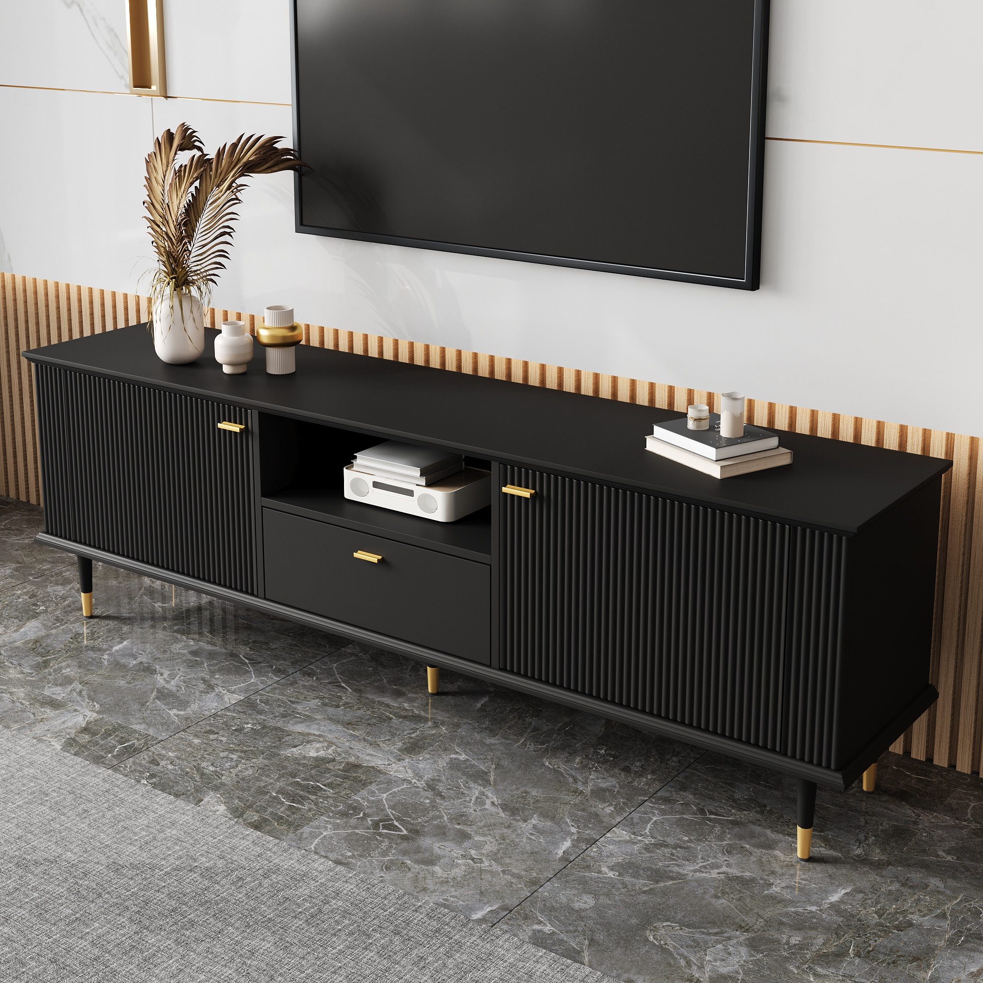 Merax Lowboard mit Soft-Close-Funktion, Hochglanz Fernsehschrank Sideboard (1 St), TV-Schrank mit 2 Türen, Schublade & offenen Fächern, 170x36x54cm