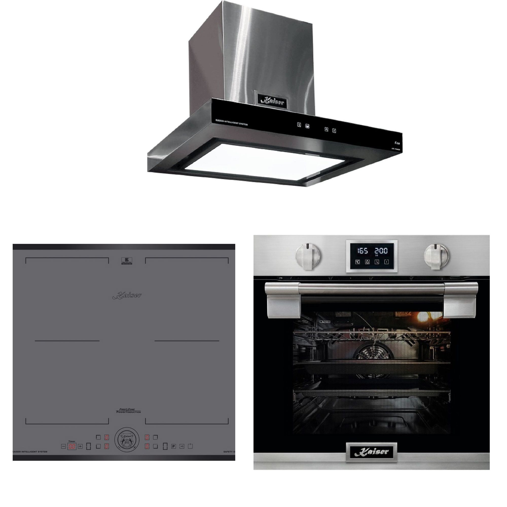 Kaiser Küchengeräte Backofen-Set Pyrolyse Backofen,79L,11 Funktionen+ Induktionskochfeld 60 cm+Dunstabzugshaube 60 cm, 750 m³/h EH 6337+ KCT 6730 FIG+AT 6433 Eco, mit 1-fach-Teleskopauszug