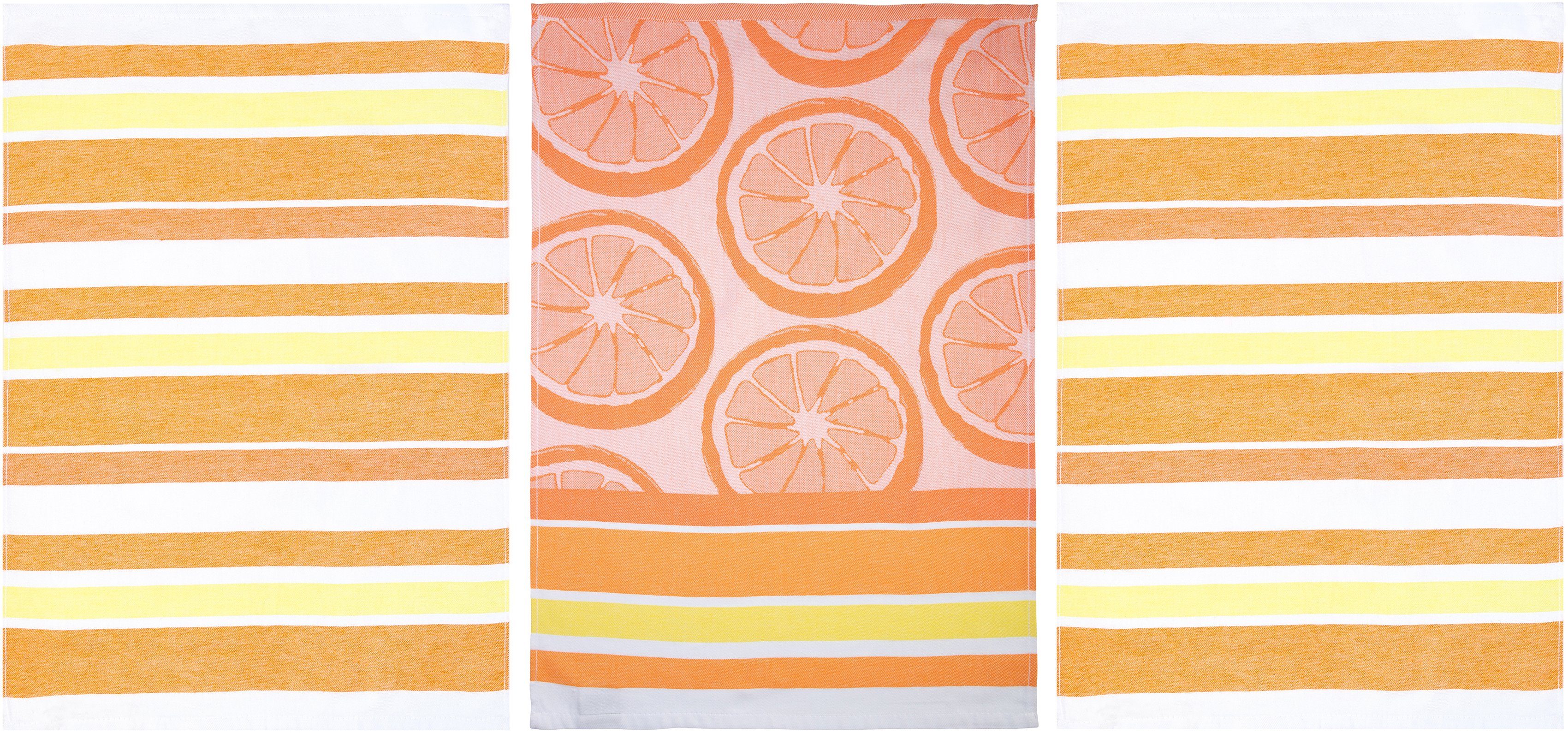 stuco Geschirrtuch Summer Fruits Orange, (Set, 3-tlg., 1x Geschirrtuch Früchte-Motiv,2 weitere Geschirrtücher Streifenoptik), Jacquardgewebe